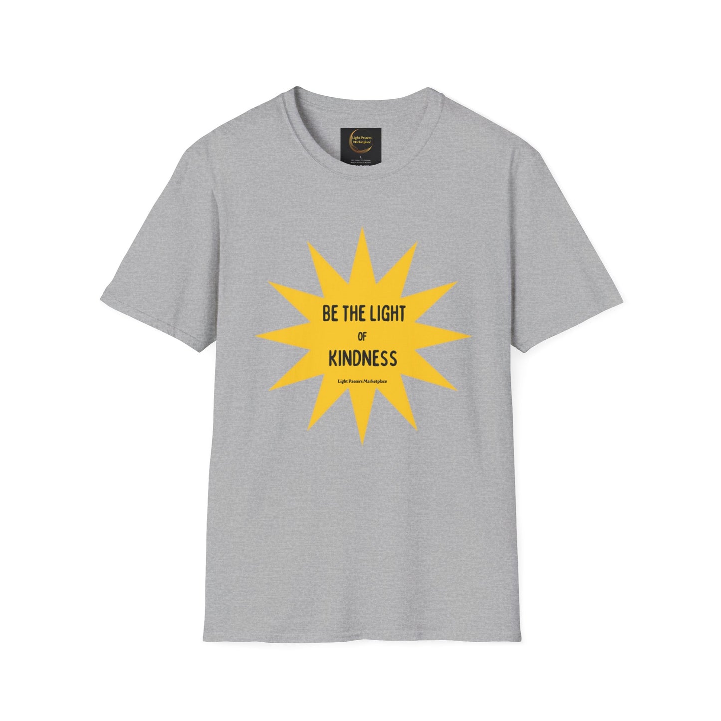Unisex grey t-shirt with a yellow sun and a yellow star with black text design. 100% cotton, medium fabric, classic fit, tear-away label, no side seams, tape on shoulders for durability.