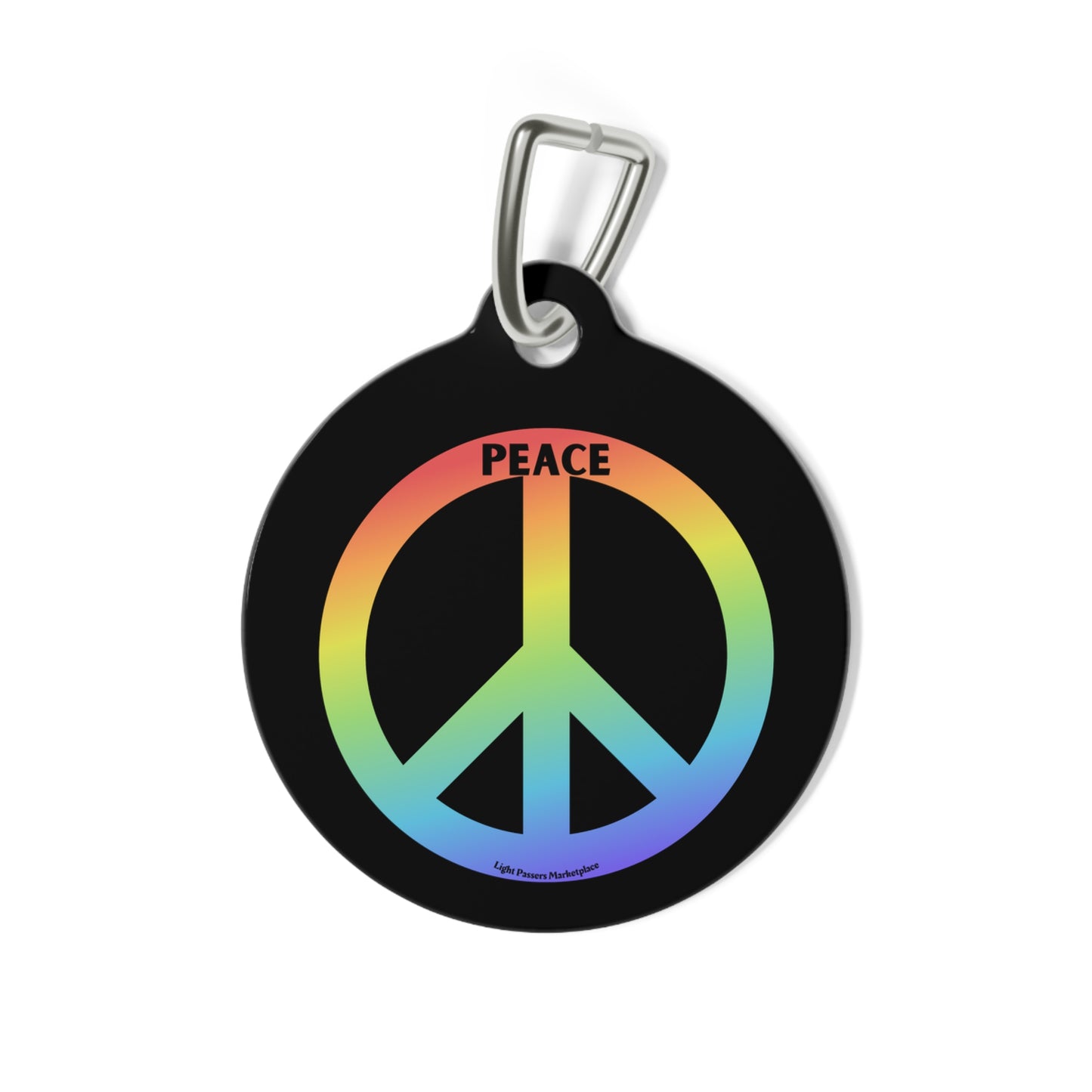 Pet Tag with Good Friends and Peace Message, featuring a round design with a rainbow peace symbol, glossy finish, and durable white coated metal.
