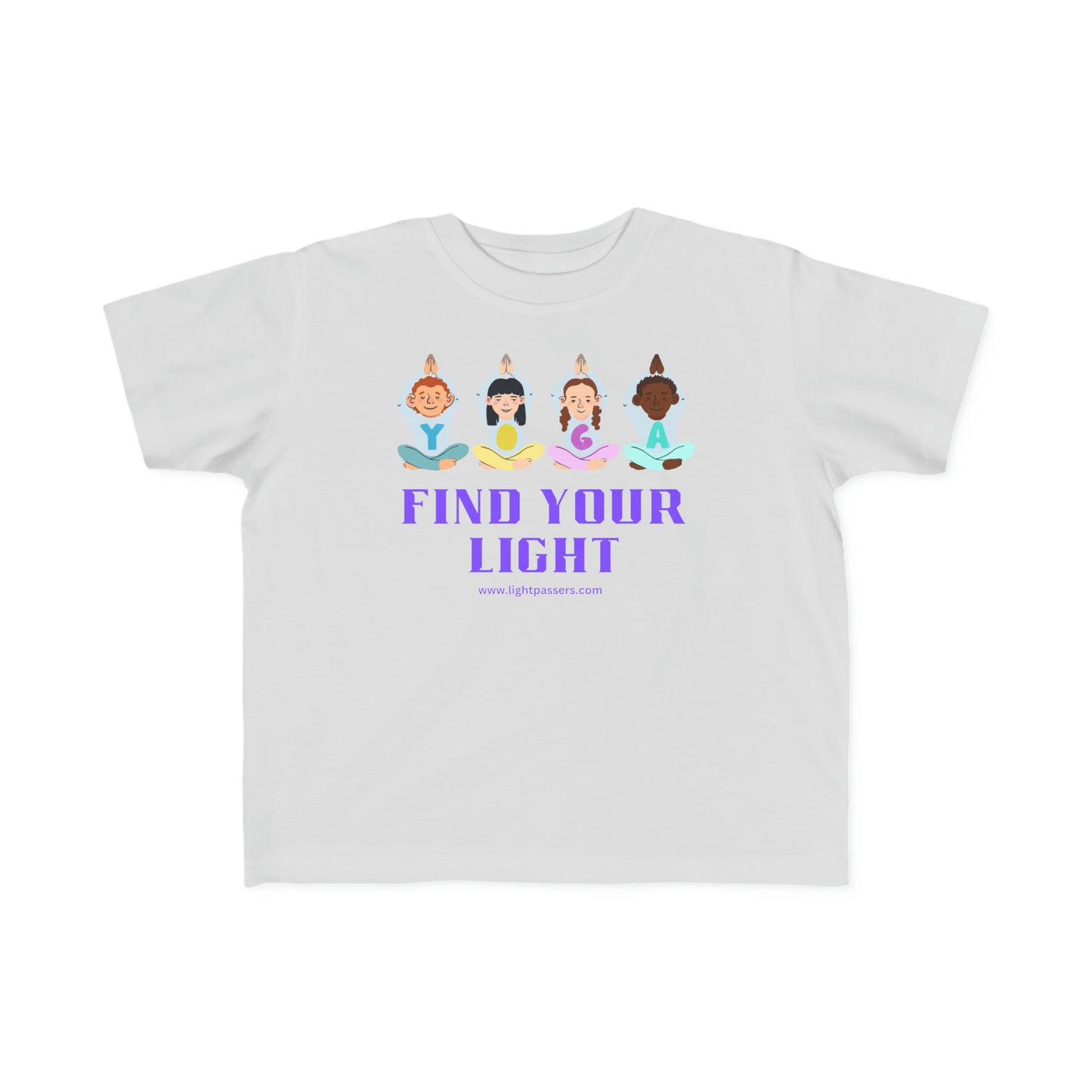 A white toddler t-shirt featuring cartoon characters in lotus position. Made of 100% combed cotton, light fabric, tear-away label, and a classic fit. Ideal for sensitive skin.