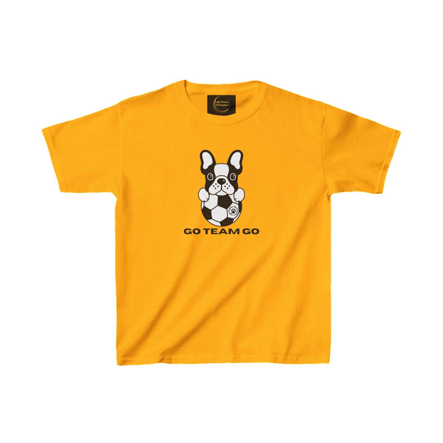 Soccer Dog Go Team Go Youth T-shirt featuring a dog and football graphic, made of midweight US cotton with a classic fit and ribbed knit collar.