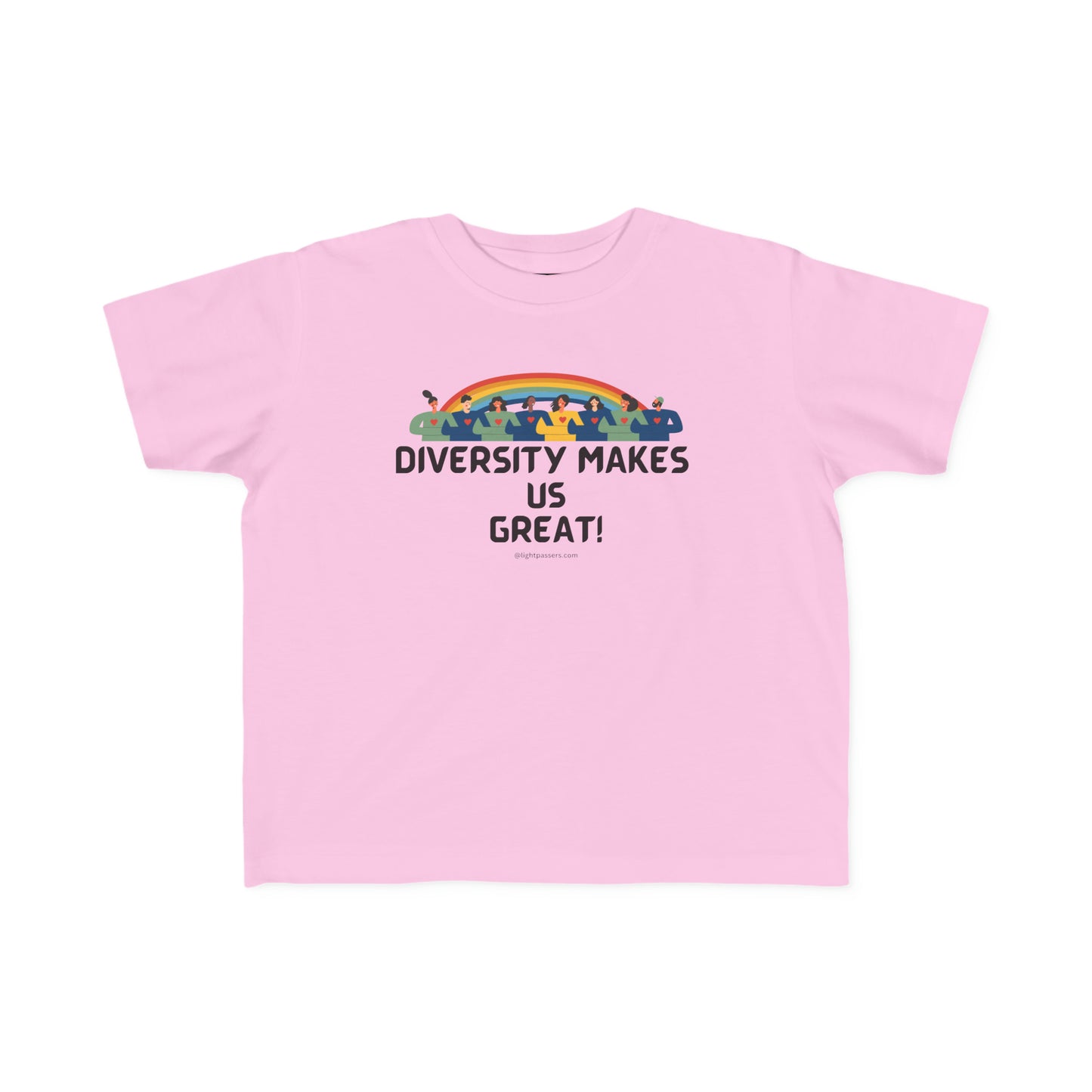 A toddler tee featuring Diversity Makes Us Great text with a rainbow design. Soft 100% combed cotton, durable print, tear-away label, and a classic fit. Ideal for sensitive skin.
