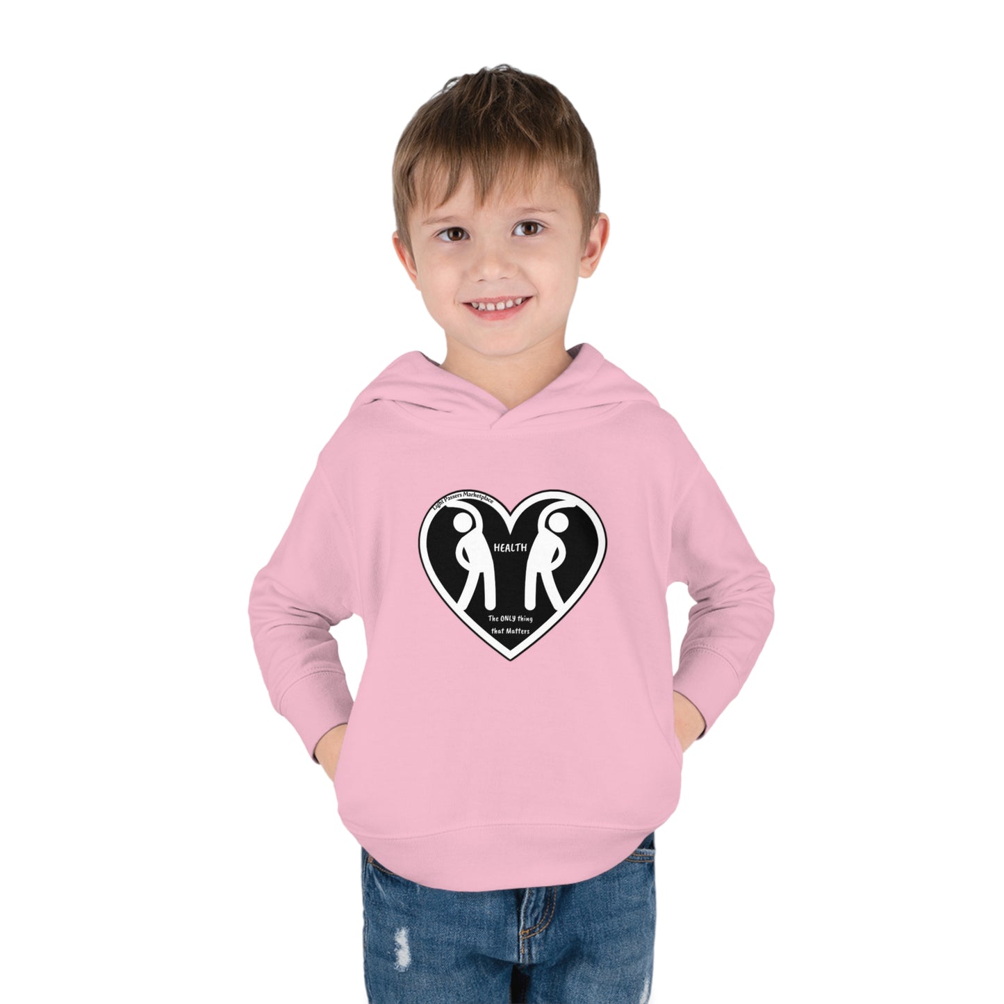 A toddler wearing a hoodie sweatshirt with side-seam pockets, designed for comfort and durability. Features a boy smiling with hands in pockets, close-up of jeans, and child's face.