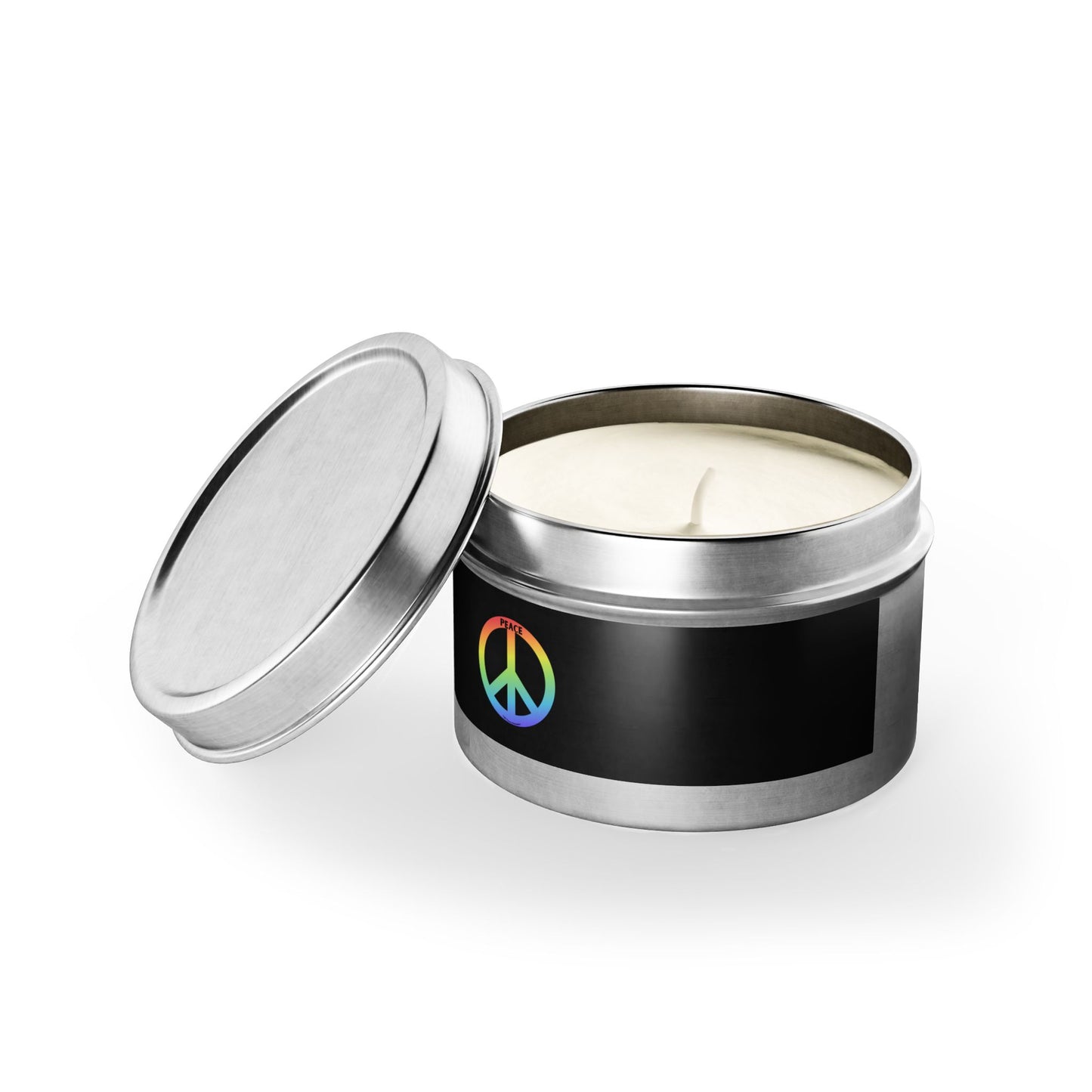 Tin Candle - Peaceful Relaxation Aroma Cool Stuff Home and Living: A silver tin candle featuring a rainbow peace symbol, ideal for creating a calming atmosphere.