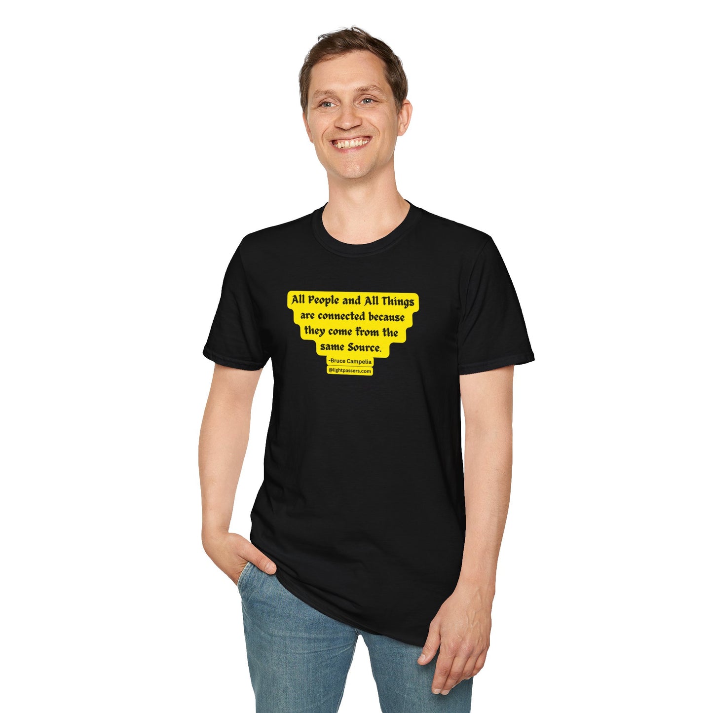 A man smiling in a black shirt with yellow text, showcasing the All People are Connected design Unisex T-shirt. Classic fit, 100% cotton, tear-away label, no side seams for comfort.
