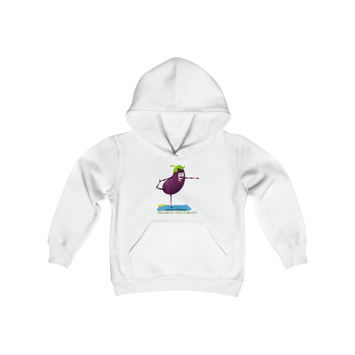 Youth white hoodie featuring a cartoon eggplant design, kangaroo pocket, and twill taping. Made of soft, preshrunk 50% cotton, 50% polyester fleece. Regular fit, ideal for printing.
