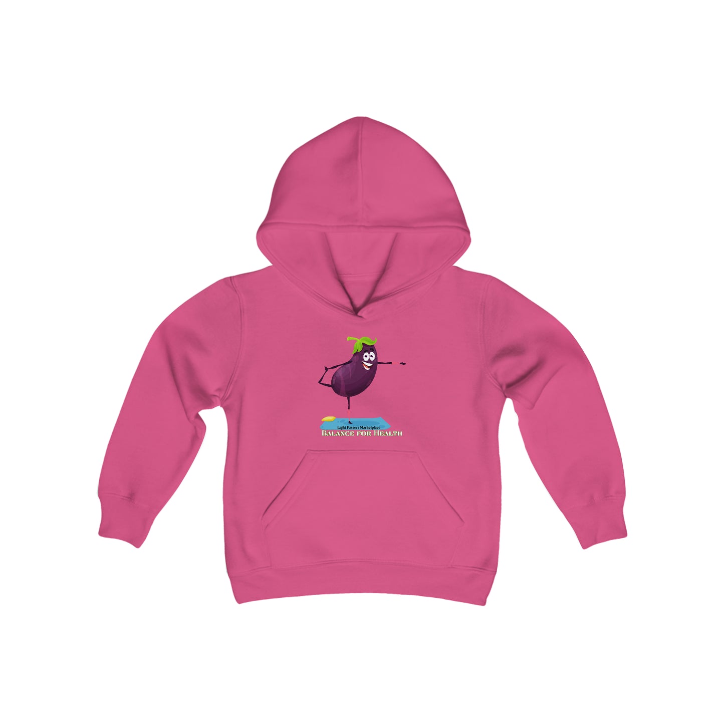 Youth hooded sweatshirt featuring a cartoon eggplant character on a pink background. Made of soft, preshrunk fleece with kangaroo pocket and reinforced neck. 50% cotton, 50% polyester blend.