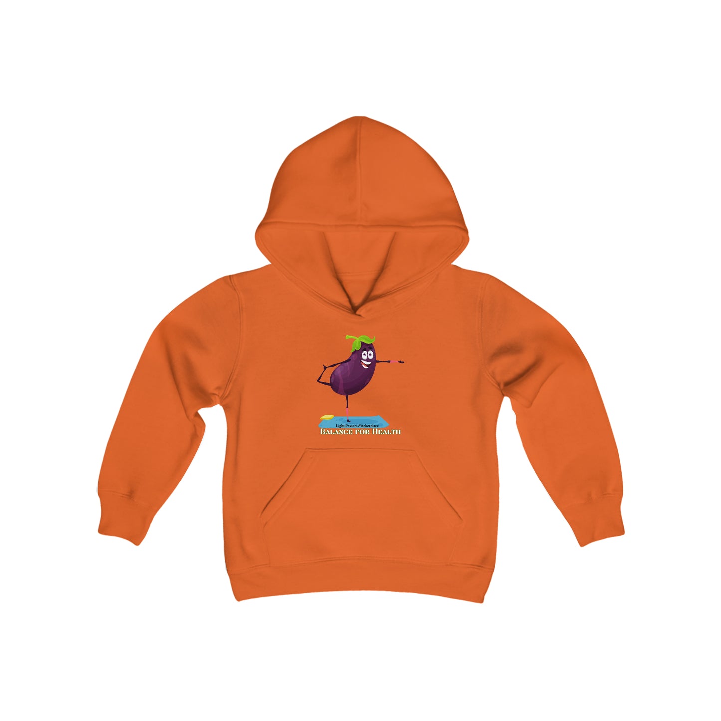 Youth hooded sweatshirt featuring a cartoon eggplant design on the front kangaroo pocket. Made of soft, preshrunk fleece, 50% cotton 50% polyester blend, with reinforced twill taping at the neck.