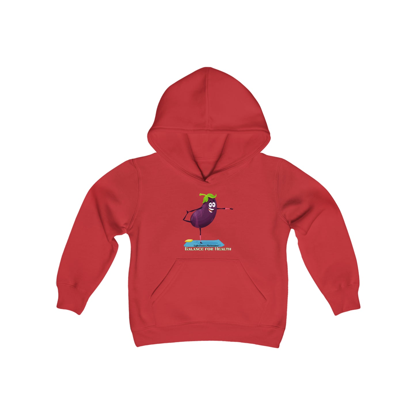 Youth hooded sweatshirt featuring a cartoon eggplant design on red fabric. Made of soft, preshrunk fleece with kangaroo pocket and twill taping. 50% cotton, 50% polyester blend for durability and comfort.