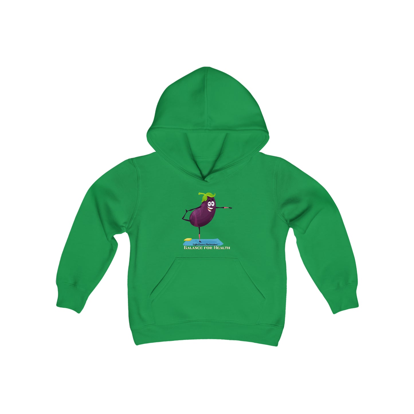 Youth hooded sweatshirt featuring a cartoon eggplant design, kangaroo pocket, and twill-taped neck. Made of soft, preshrunk 50% cotton, 50% polyester fleece for optimal comfort.