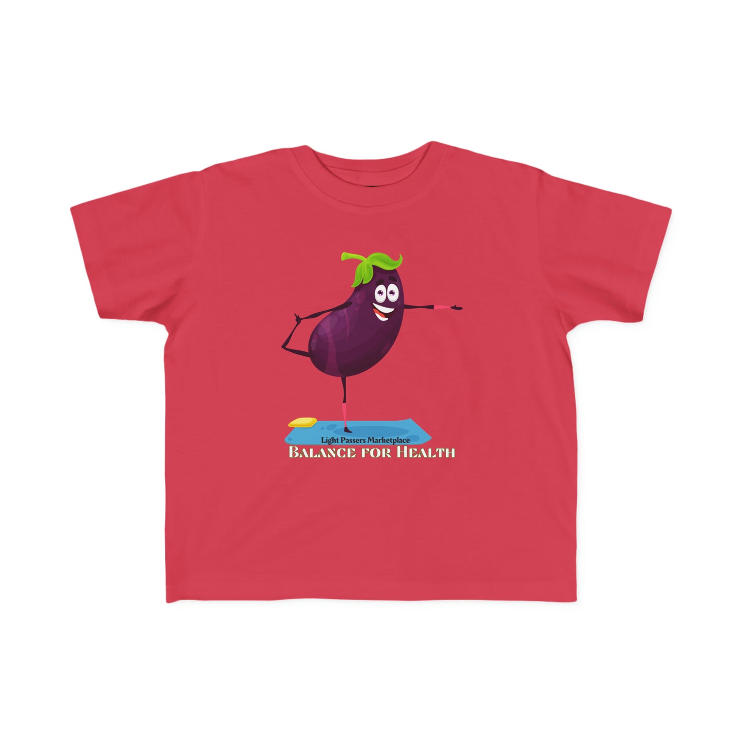 A red toddler t-shirt featuring a cartoon eggplant design, made of soft 100% combed cotton for sensitive skin. Durable print, light fabric, tear-away label, classic fit, true to size.