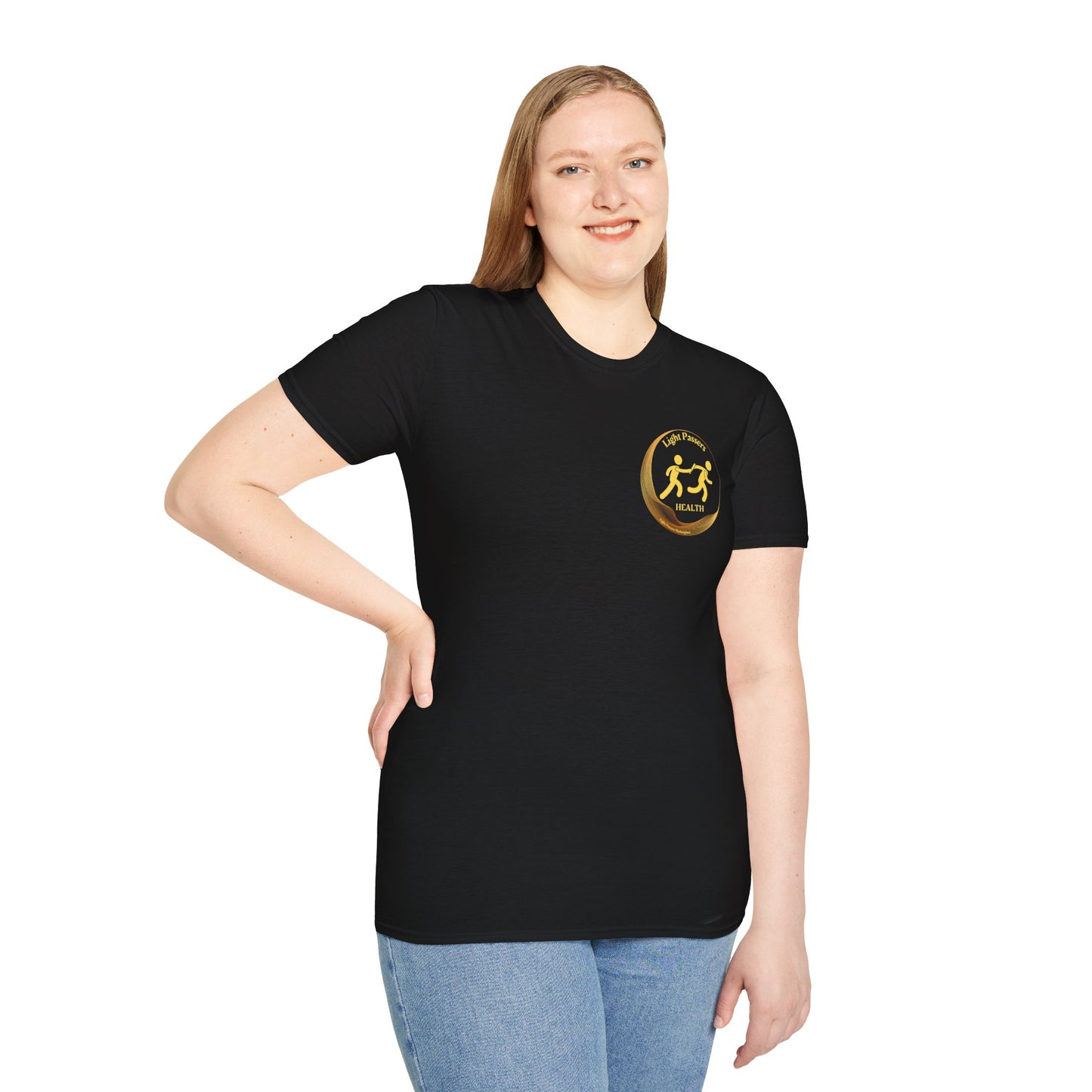 A unisex soft-style black t-shirt featuring a small yellow logo, made of 100% ring-spun cotton for comfort. No side seams, ribbed collar, and tear-away label for a versatile, durable wear.