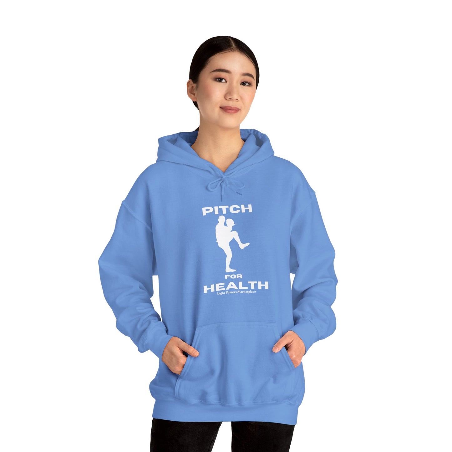 A person in a blue hooded sweatshirt with a kangaroo pocket and drawstring. Made of 50% cotton and 50% polyester for warmth and comfort.
