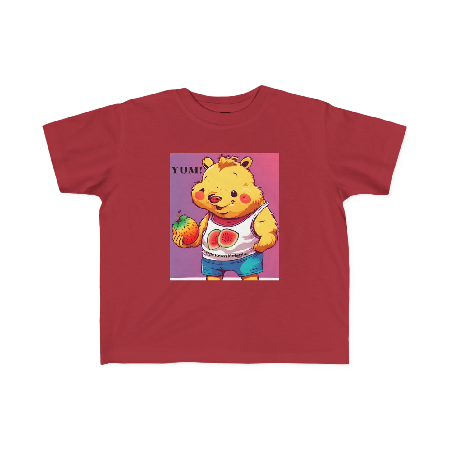 Yum Strawberries Toddler T-shirt featuring a red shirt with a cartoon bear holding a fruit. Soft, durable tee for sensitive skin, 100% combed cotton, light fabric, tear-away label, classic fit.