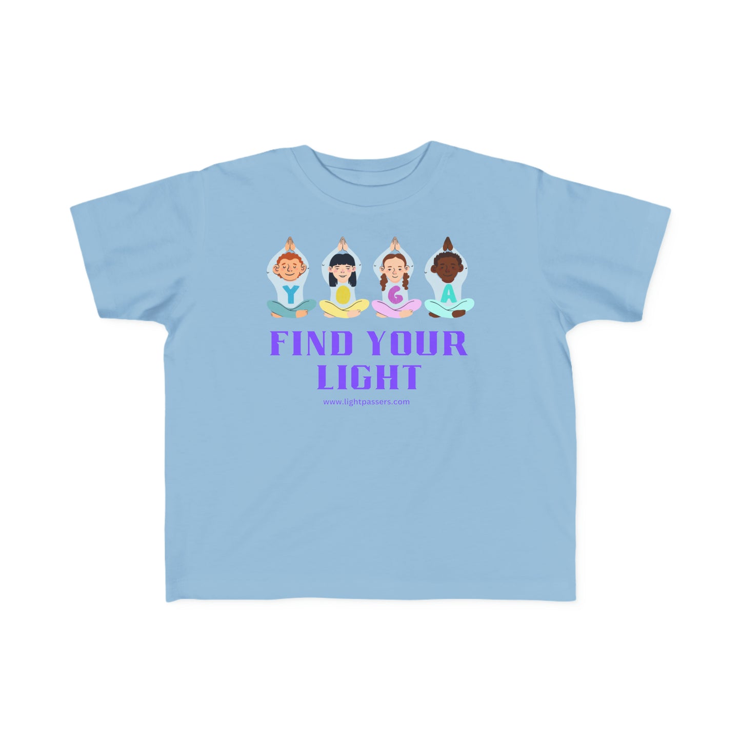 A toddler's blue t-shirt featuring cartoon kids in yoga poses. Made of soft, 100% combed cotton with a durable print. Ideal for sensitive skin and first adventures.