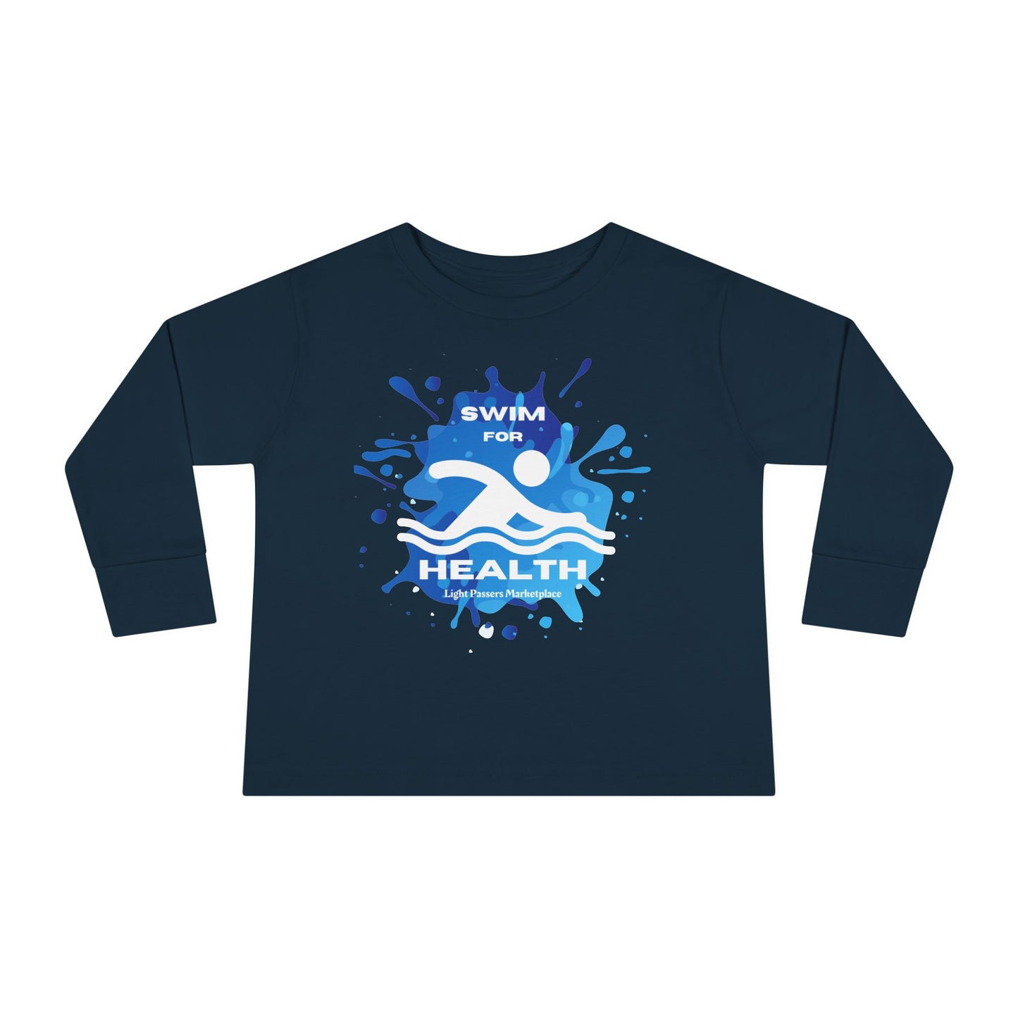 Health Toddler Long Sleeve Swim for Health tee features a graphic design with a swim competition logo, ideal for pool or beach activities.