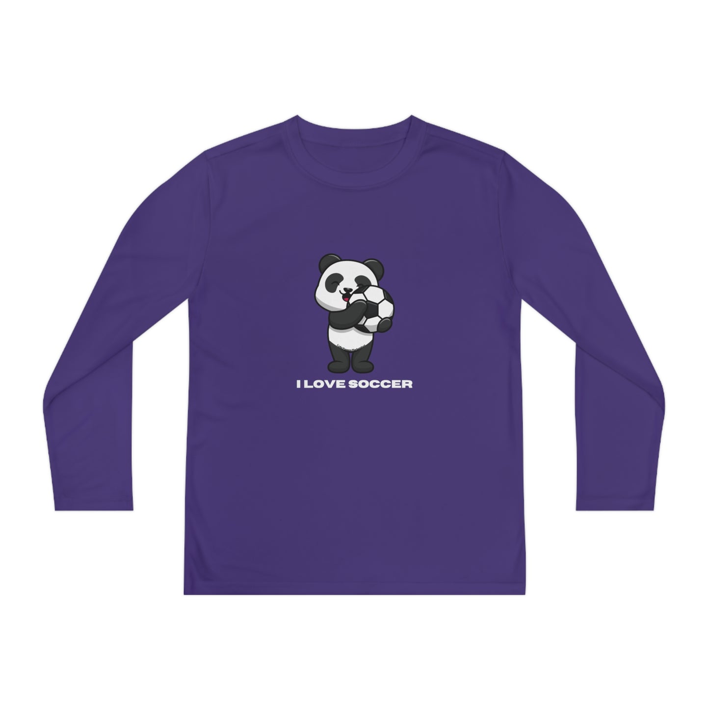 Youth Long Sleeve - Panda Says I Love Soccer, featuring a panda holding a football, perfect for young fans, moisture-wicking, athletic fit, durable polyester.