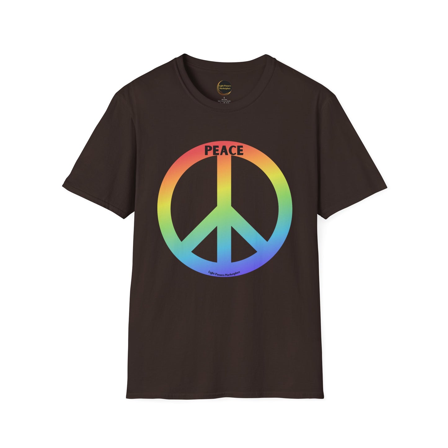 A brown unisex T-shirt featuring a rainbow peace sign design. Made of soft 100% cotton with twill tape shoulders and a ribbed collar for durability and comfort.