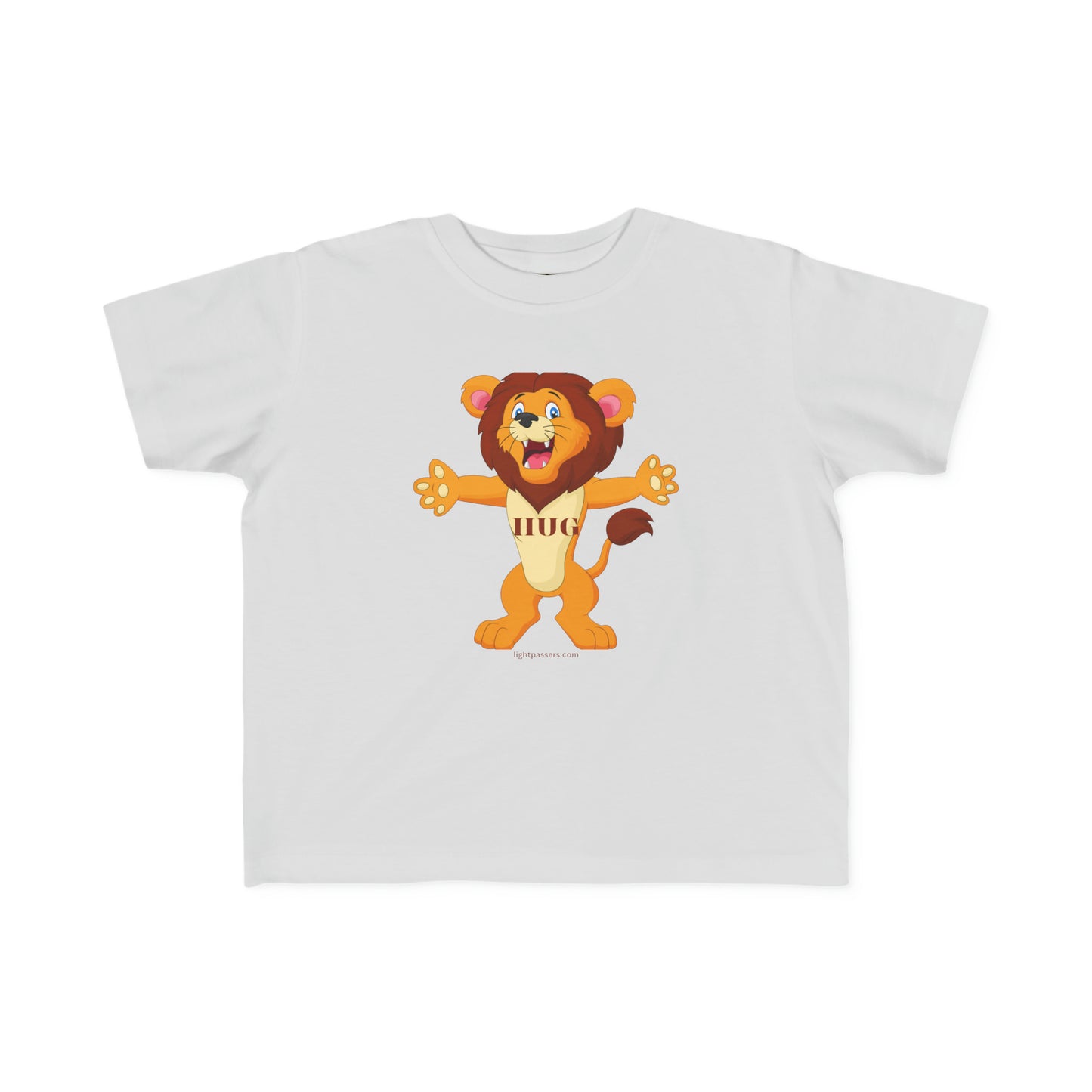 A white toddler t-shirt featuring a cartoon lion graphic. Made of soft, durable 100% combed cotton, light fabric, and a tear-away label. Perfect for sensitive skin and playtime adventures.