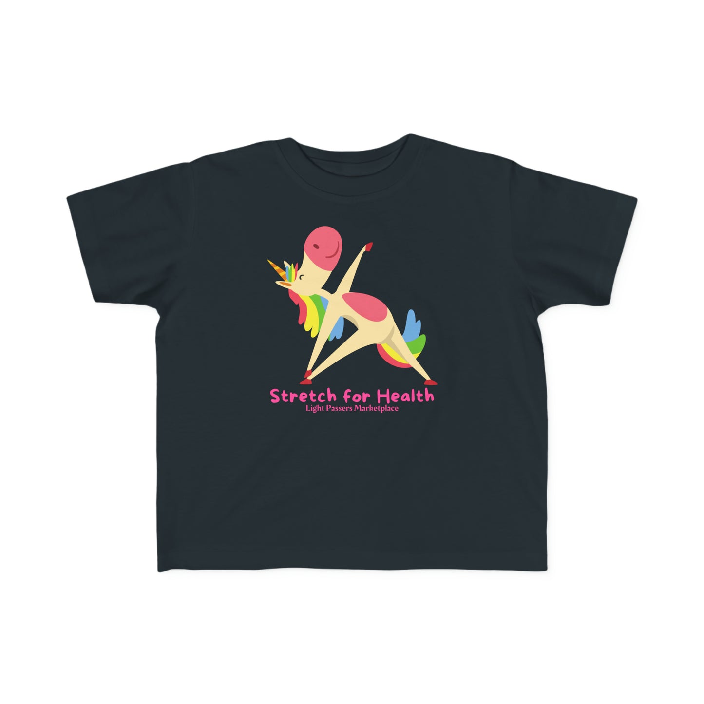 A toddler's black tee featuring a cartoon unicorn stretching, ideal for sensitive skin. Made of 100% combed cotton, light fabric, and a tear-away label for comfort.