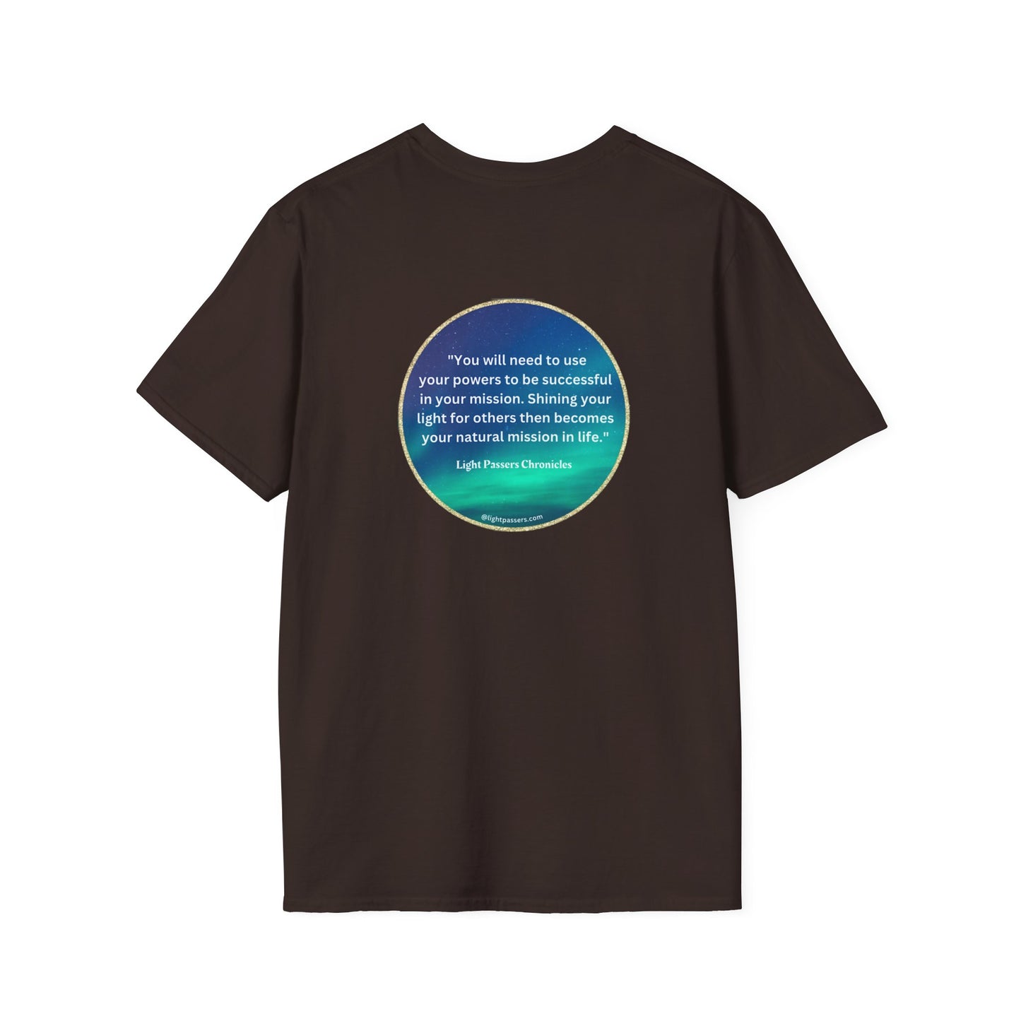 Back of a brown shirt featuring a blue circle with white text, a close-up of a quote on a t-shirt. Unisex heavy cotton tee with smooth surface for premium printing, no side seams, tear-away label.