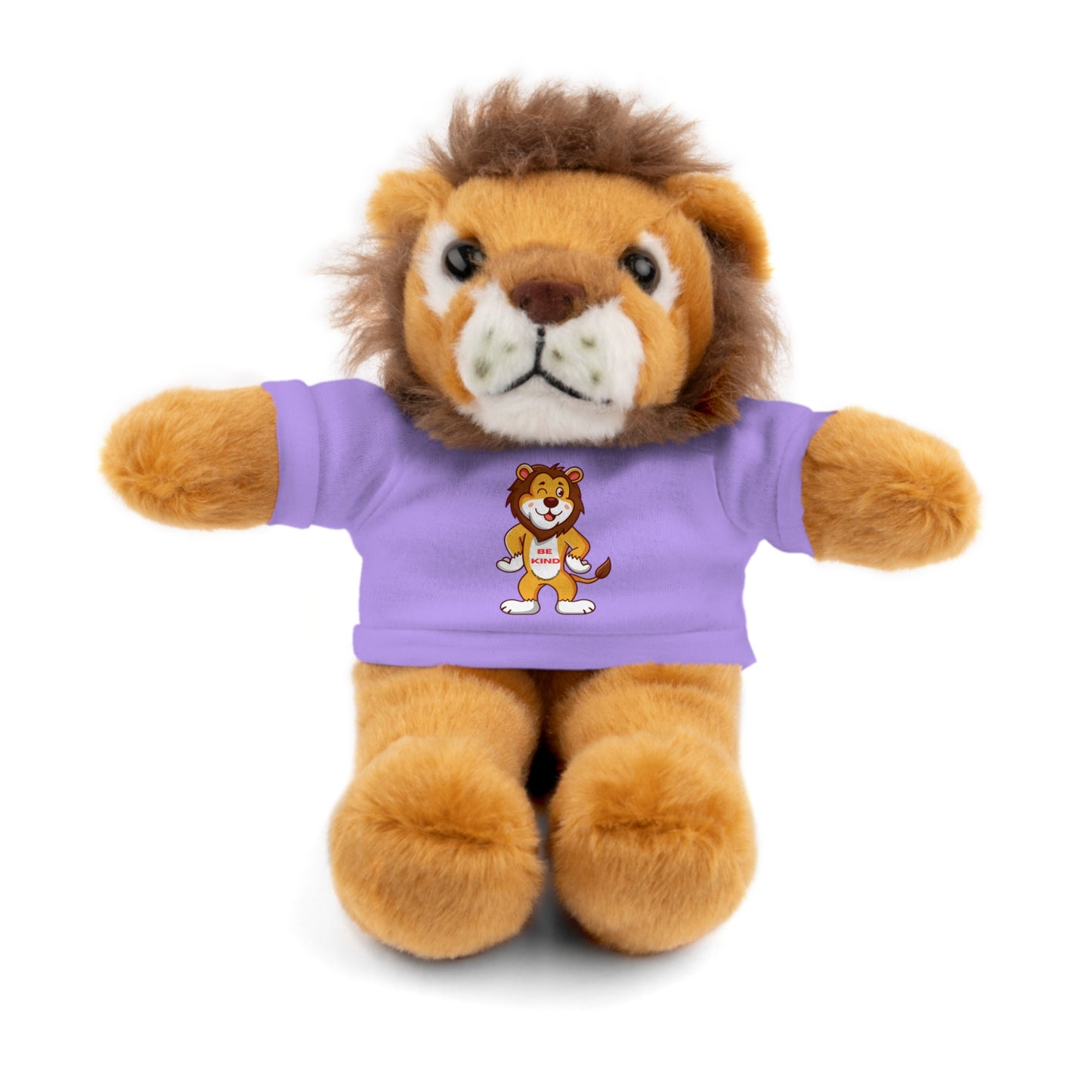 Be Kind Lion Stuffed Animal with shirt, featuring a plush lion wearing a removable tee, designed for children ages 3+, made of polyester and cotton.