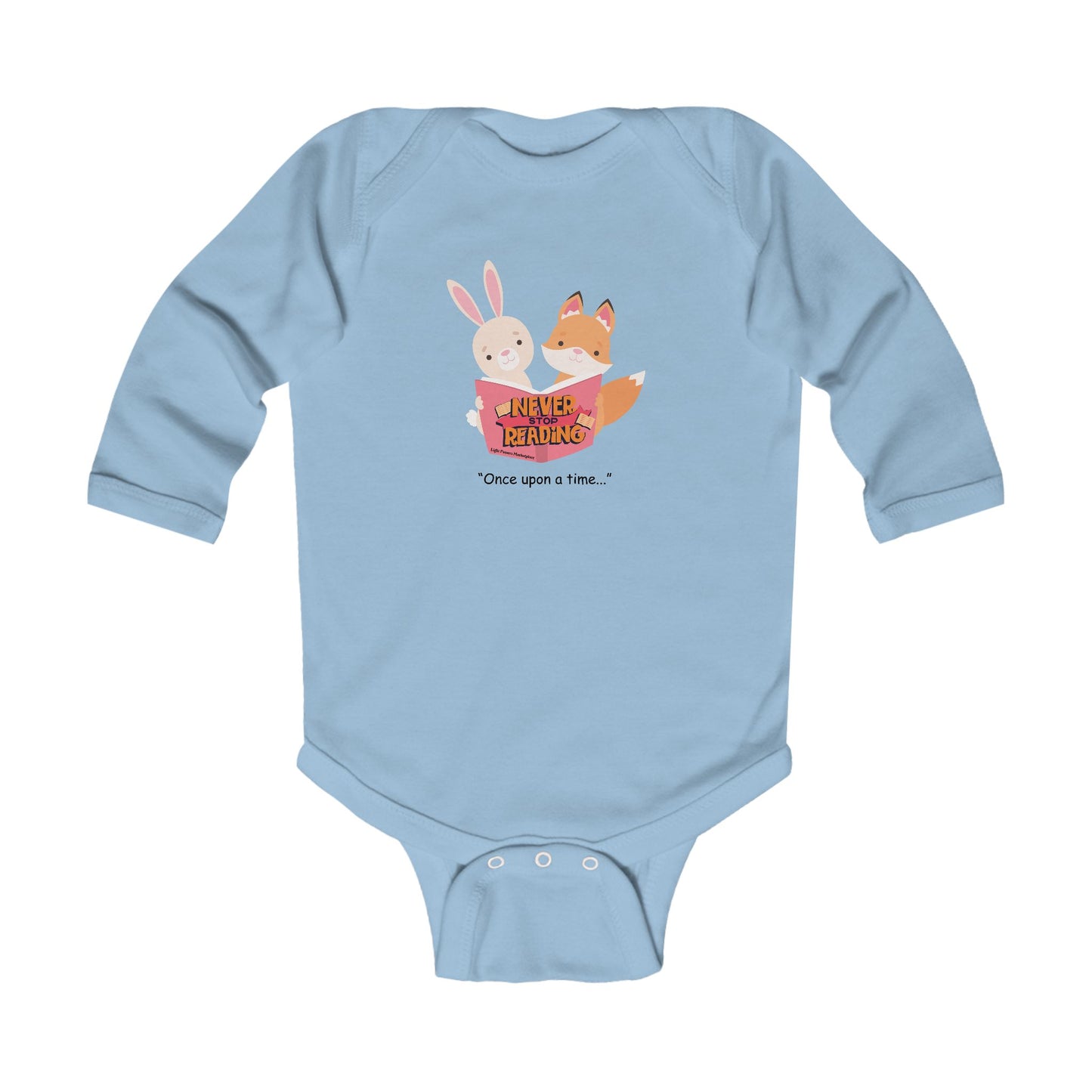 Never Stop Reading Long Sleeve Baby Bodysuit featuring cartoon fox and rabbit reading, with durable ribbed knitting and easy-change plastic snaps.