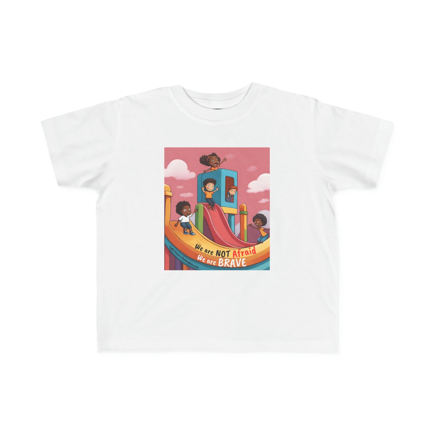 A Brave Toddler T-shirt featuring cartoon characters on a white tee, ideal for sensitive skin. Made of 100% combed, ring-spun cotton with a durable print, light fabric, tear-away label, and a classic fit.