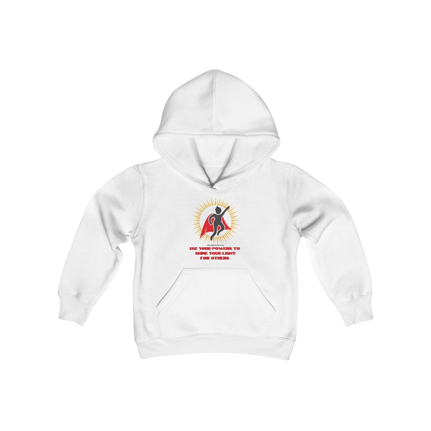 Youth blend hooded sweatshirt with kangaroo pocket and twill taping. Made of soft, preshrunk fleece (50% cotton, 50% polyester). Medium fabric, regular fit, sewn-in label.