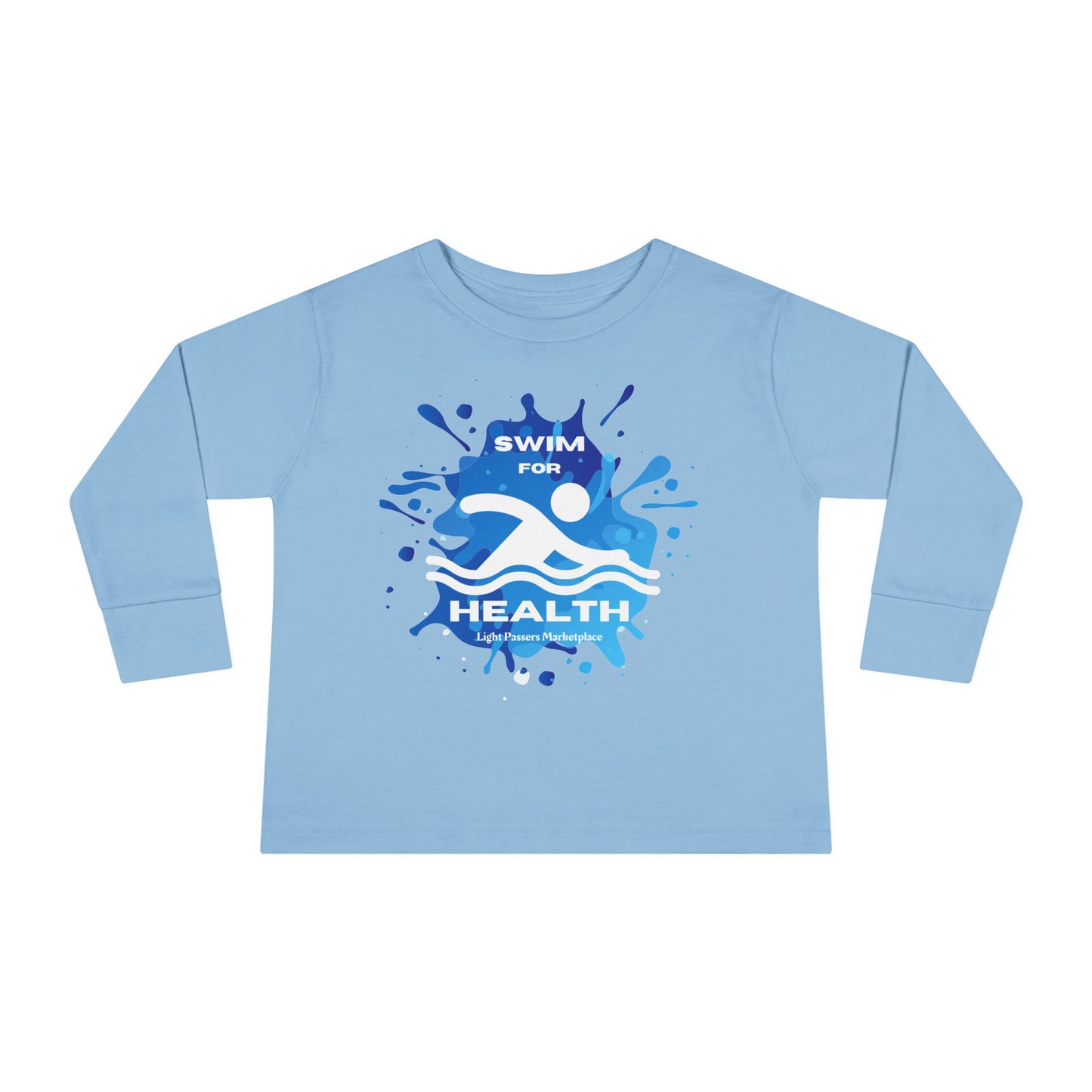 Light blue long-sleeve toddler tee with a swimmer logo, designed for comfort and active play, perfect for pool or beach activities.