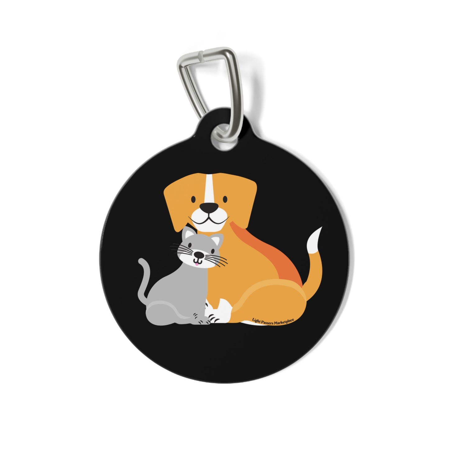 Pet Tag with Good Friends and Peace Message featuring a cartoon cat and dog, glossy finish, durable white coated metal, ideal for pet accessories.