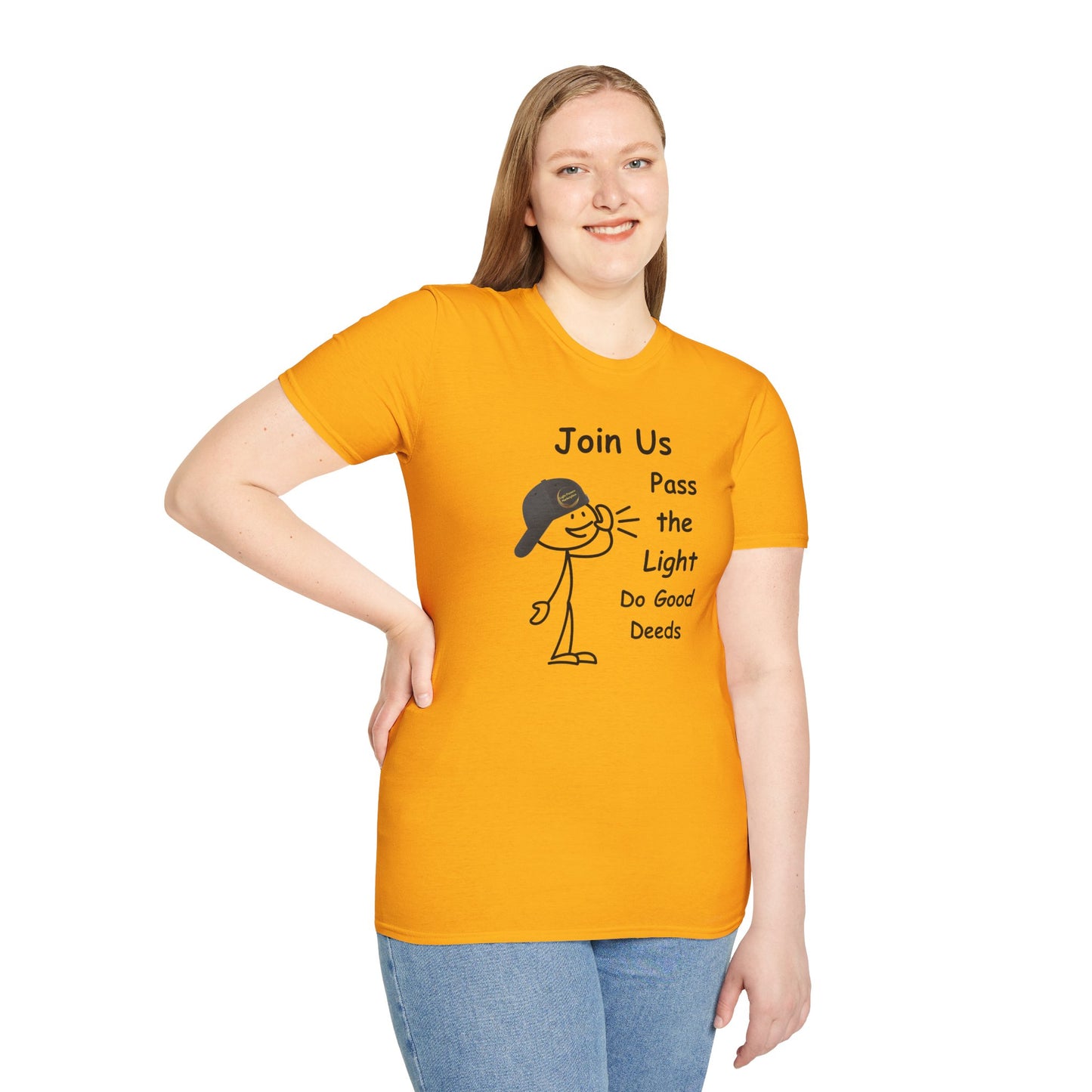 A woman in a yellow shirt smiles, showcasing the Join Us Do Good Deeds Unisex T-Shirt. The soft 100% cotton tee features twill tape shoulders and a ribbed collar for durability and comfort.