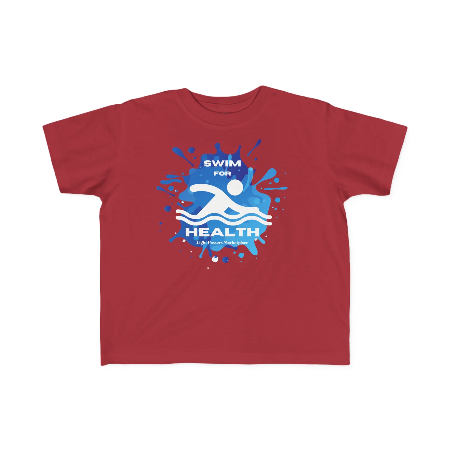 A red toddler t-shirt featuring a logo for a swim competition, with splashes and a durable, high-quality print. Made of 100% combed, ring-spun cotton for sensitive skin.