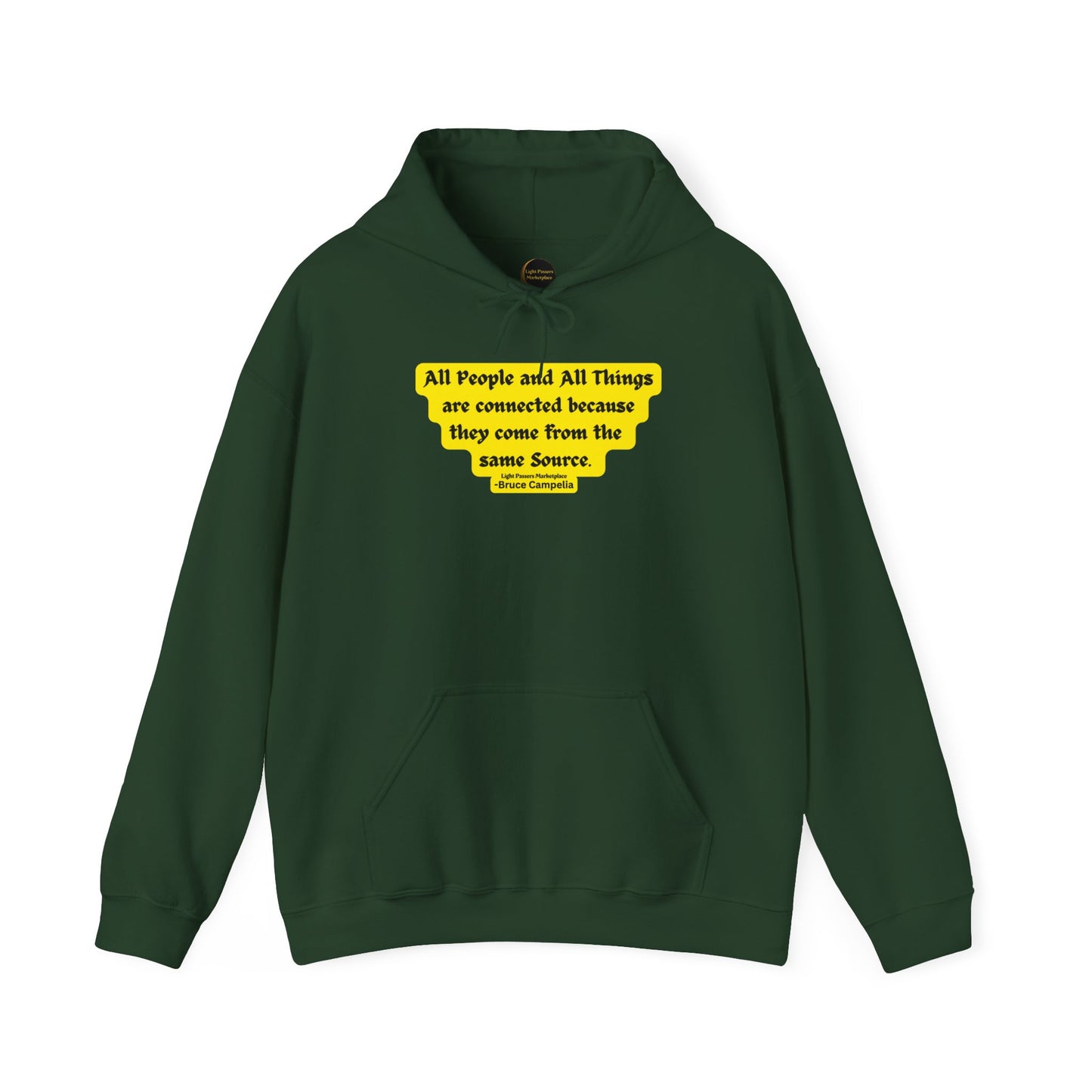 A green unisex heavy blend hooded sweatshirt with kangaroo pocket, drawstring hood, and cozy cotton-polyester fabric for warmth and comfort. Made ethically with 100% US cotton.