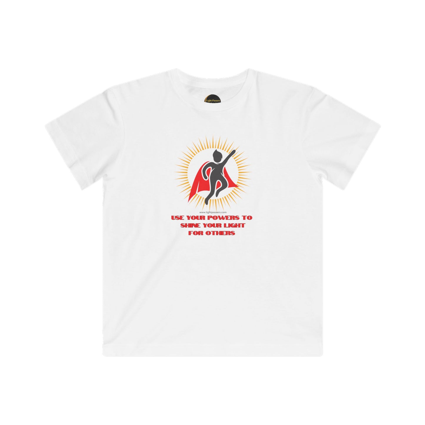 Kids Tee with Use Your Powers of the Light superhero design, promoting kindness and love. Features include ribbed collar, shoulder tape, and light fabric. Ideal for young superheroes.