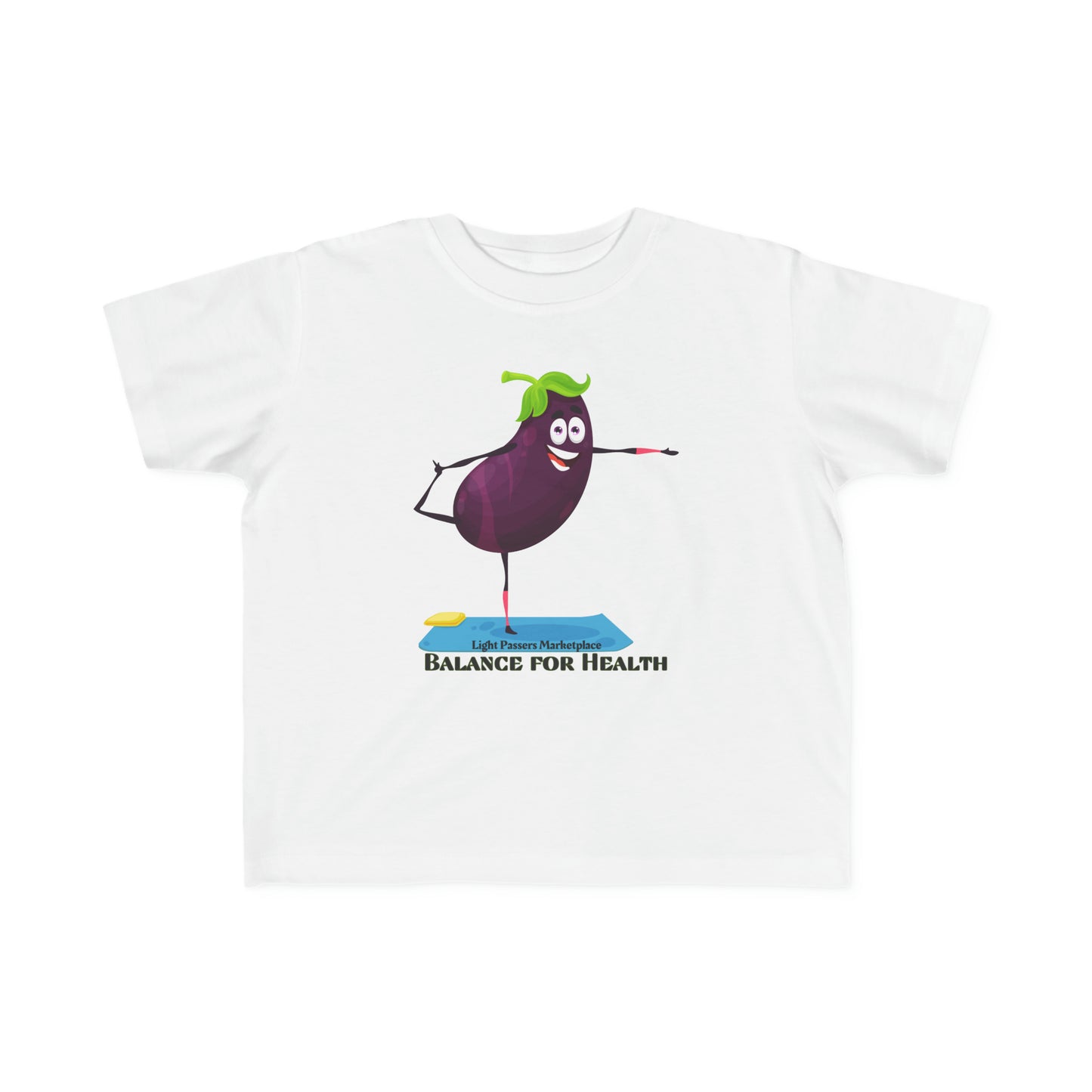 A white toddler t-shirt featuring a cartoon eggplant design, ideal for sensitive skin. Made of 100% combed cotton, light fabric, durable print, tear-away label, and true-to-size fit.