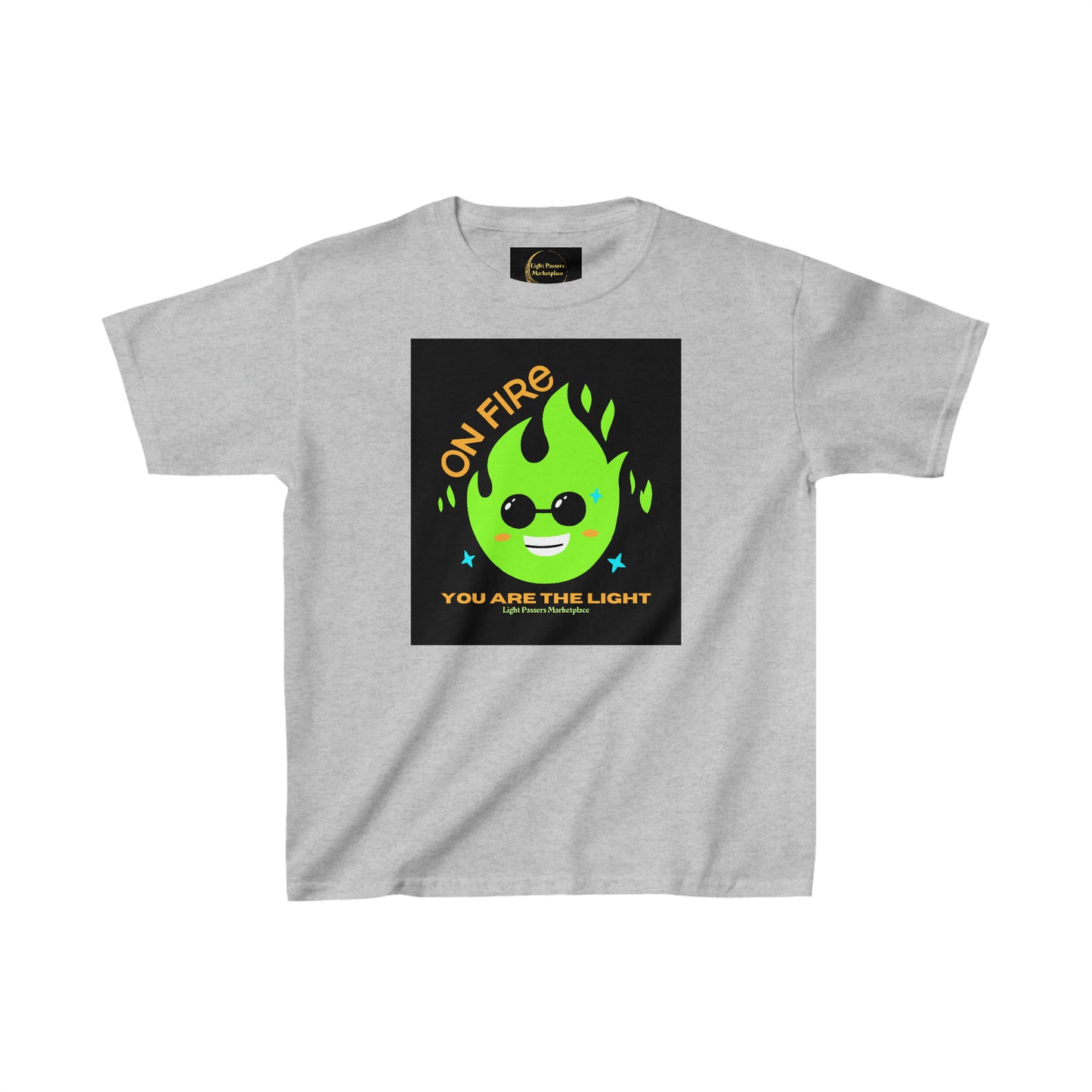 Youth grey t-shirt featuring a green fire design with black text. Made of 100% cotton for solid colors, with twill tape shoulders for durability and ribbed collar for curl resistance.