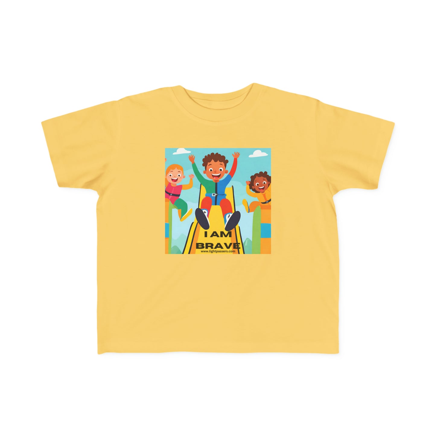 Toddler T-shirt featuring I am Brave on slide cartoon characters. Soft, durable 100% cotton, light fabric, tear-away label, classic fit, true to size.