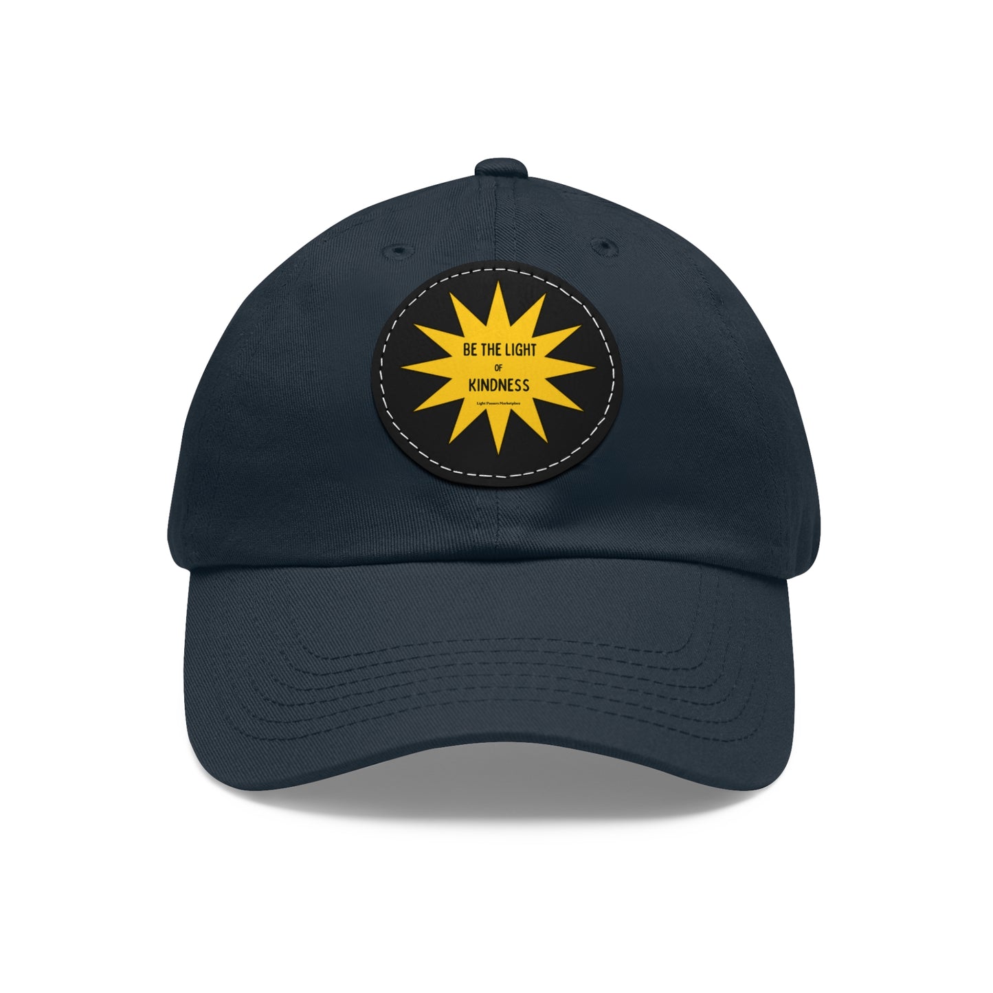 Unisex hat with 'Be the Light of Kindness' on a PU leather patch, featuring a buckle closure and decorative stitching.