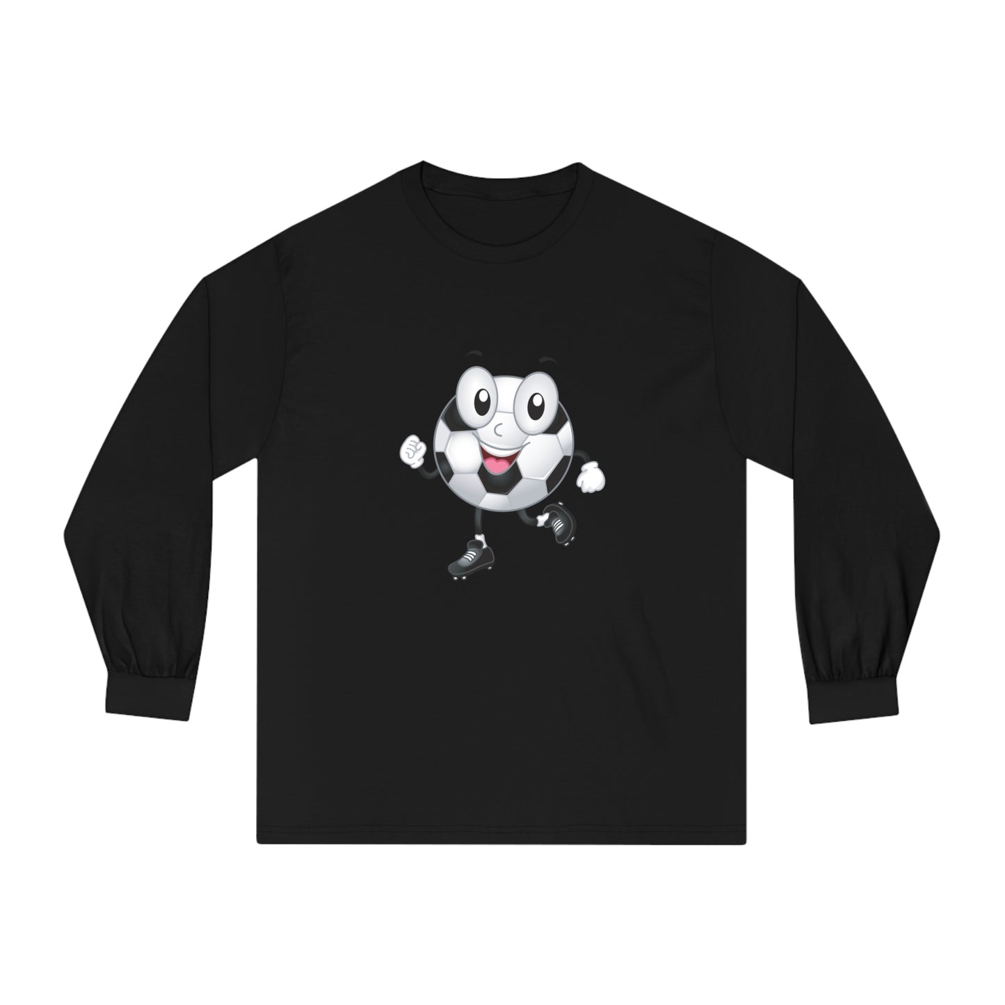 Soccer Ball Guy Long Sleeve Teams Adult Unisex shirt featuring a cartoon football, perfect for sports fans and casual wear with a durable, well-fitted design.