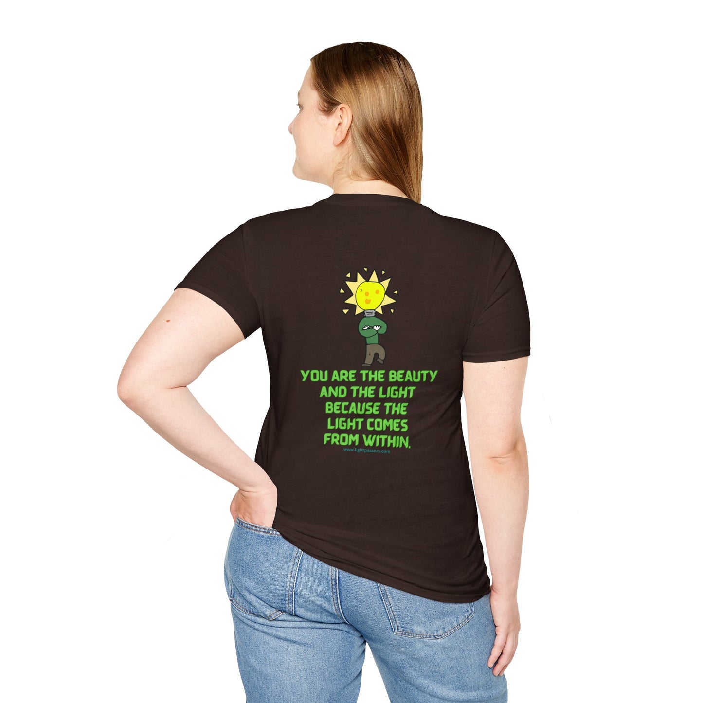 Unisex black tee with yellow text and cartoon light bulb design. Smooth, durable cotton fabric without side seams for comfort. Ideal for casual wear.