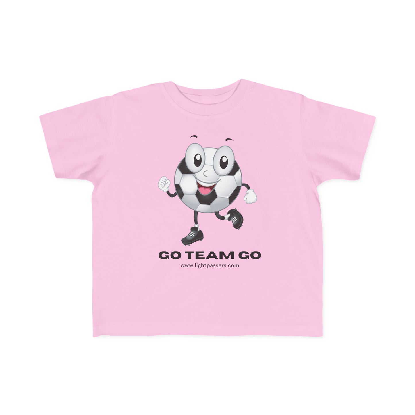 A Soccer Ball Guy Toddler T-shirt featuring a cartoon football ball print on a pink tee. Made of 100% soft combed cotton, light fabric, tear-away label, and a classic fit.