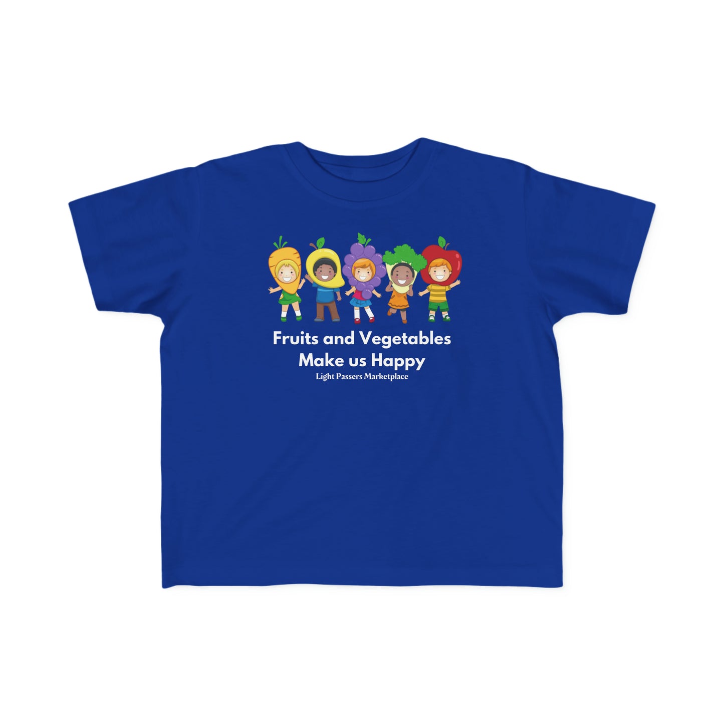 A toddler's blue t-shirt featuring cartoon characters like fruits and vegetables. Made of soft, 100% combed cotton with a durable print. Perfect for sensitive skin and playtime adventures.