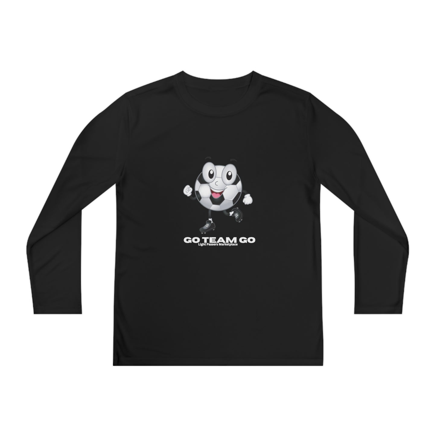 Teams Youth Long Sleeve Soccer Ball Guy featuring a cartoon soccer ball character, ideal for young sports fans with moisture-wicking polyester for comfort.
