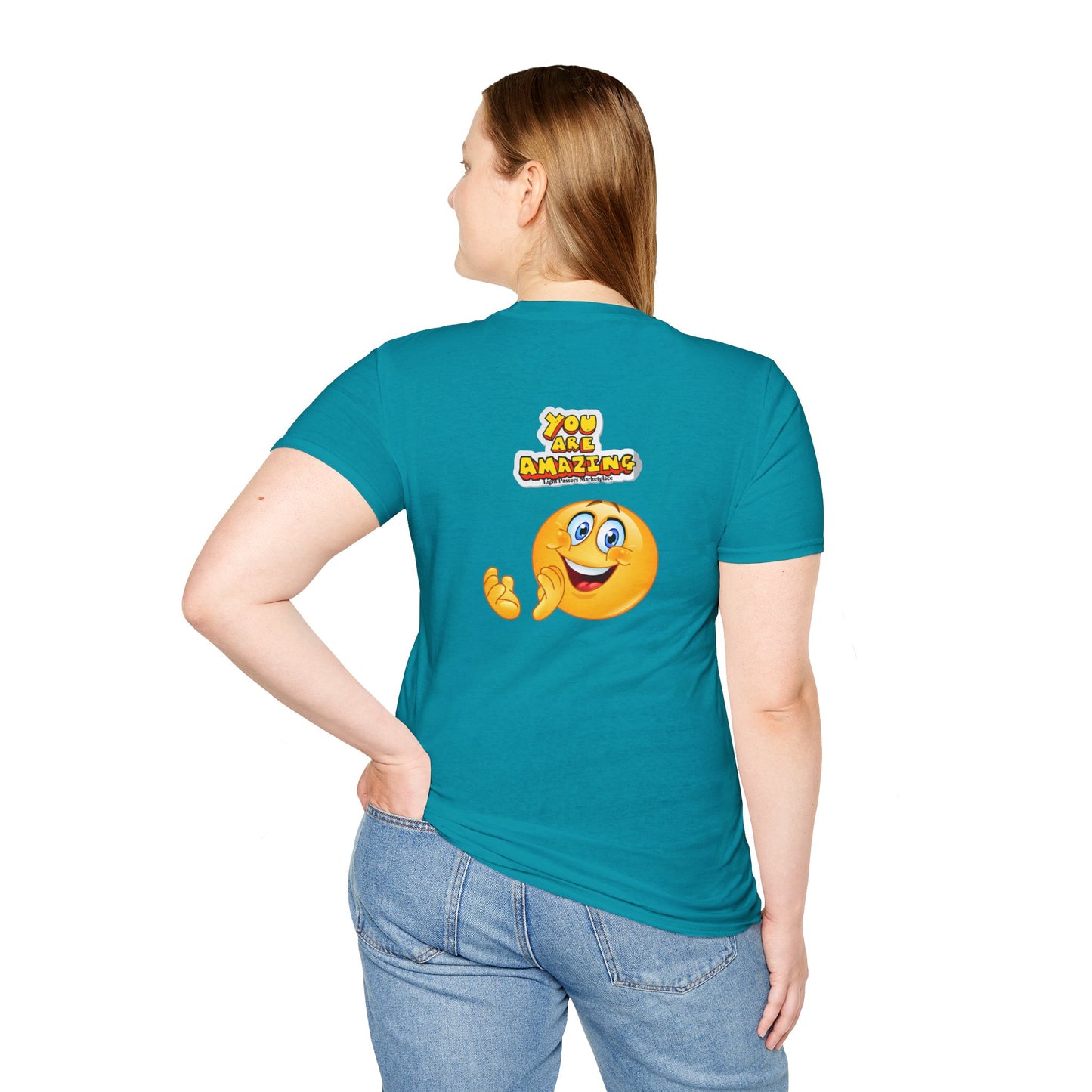 A unisex soft-style t-shirt featuring a woman in blue jeans and a blue shirt, embodying casual comfort. Made of 100% ring-spun cotton, with twill tape shoulders for durability and a clean crew neckline.