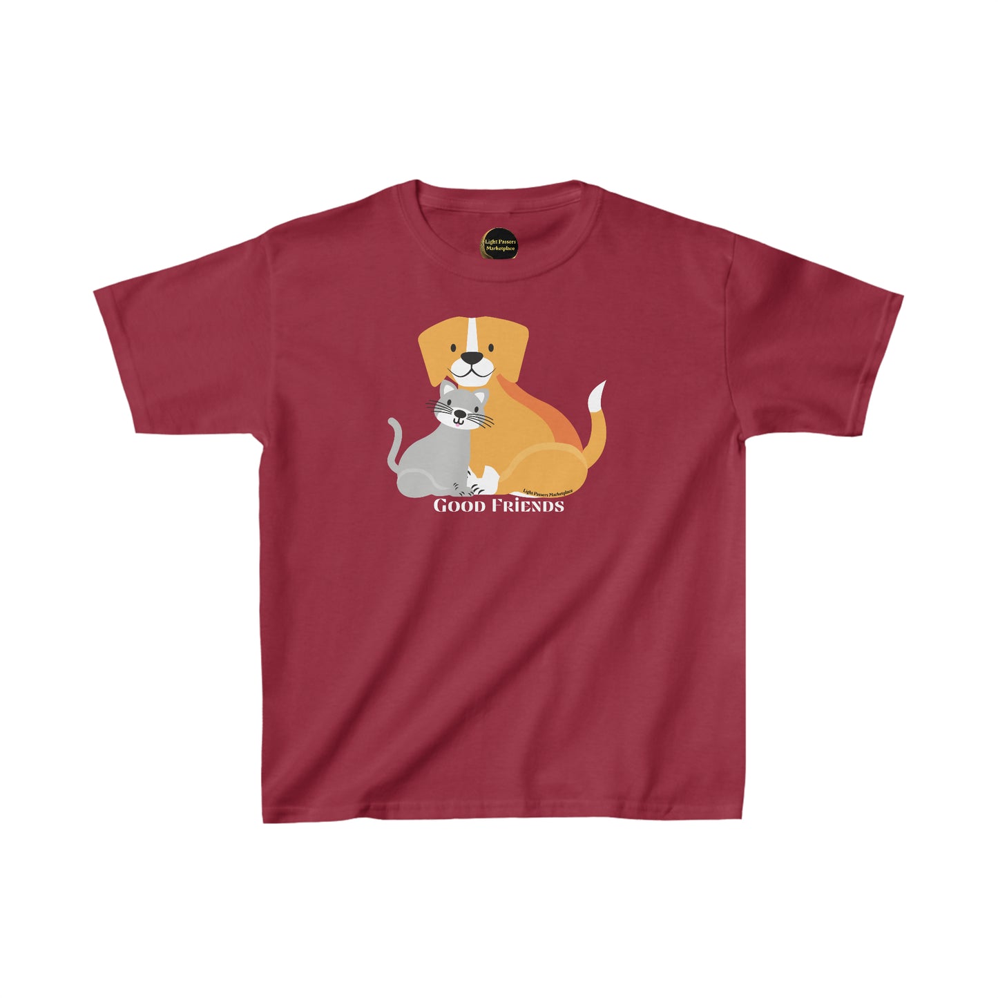 Youth cotton t-shirt featuring a dog and cat design. Made with 100% cotton for solid colors, with twill tape shoulders for durability and curl-resistant collar. Ethically sourced and Oeko-Tex certified.