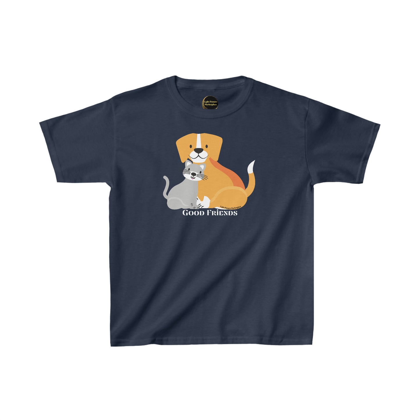 Youth cotton t-shirt featuring a dog and cat design. Made of 100% cotton for solid colors, with twill tape shoulders and ribbed collar for durability. Ethically sourced US cotton.
