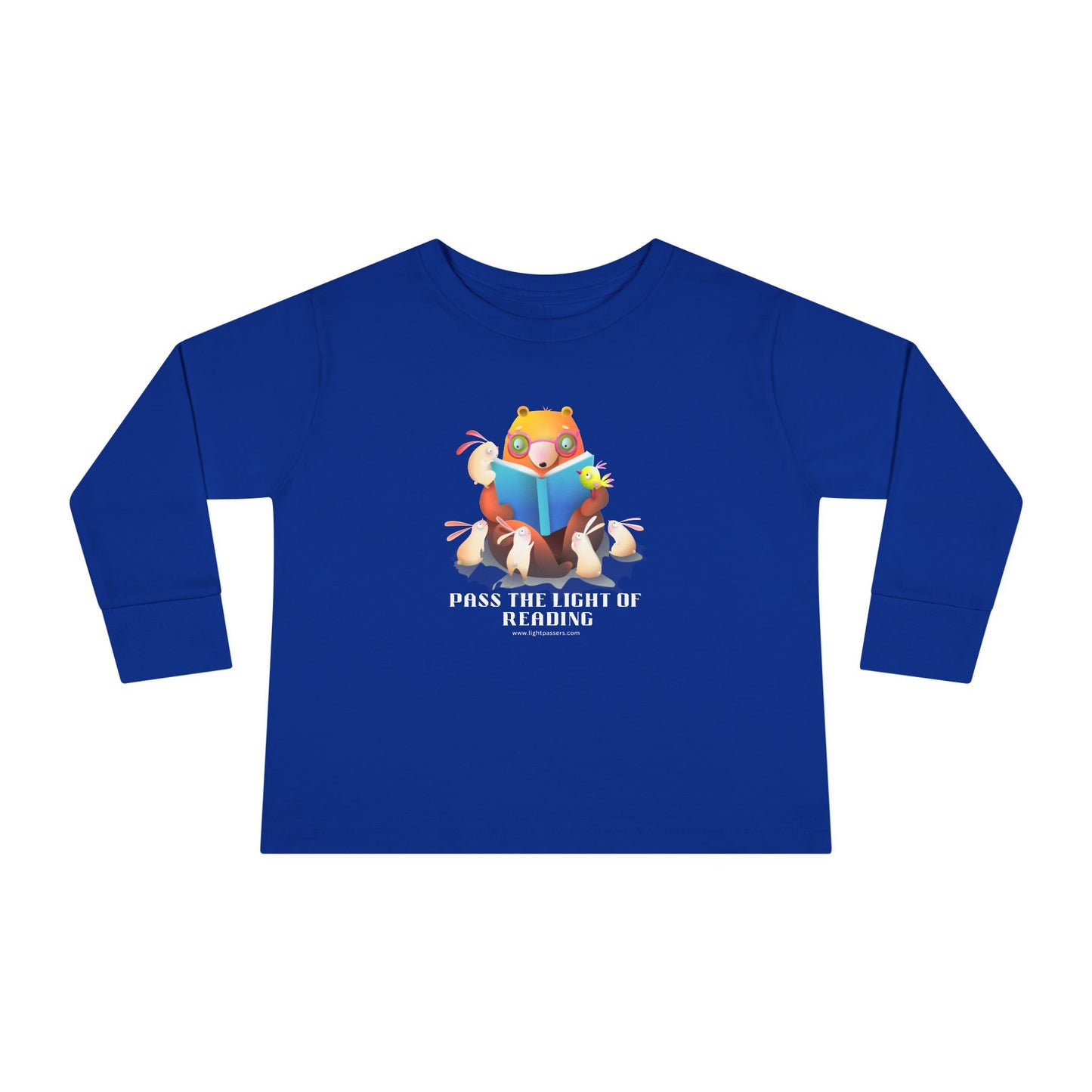 Toddler Long Sleeve Pass the Light of Reading features a cartoon bear and bunnies reading, crafted from 100% cotton for comfort and durability.