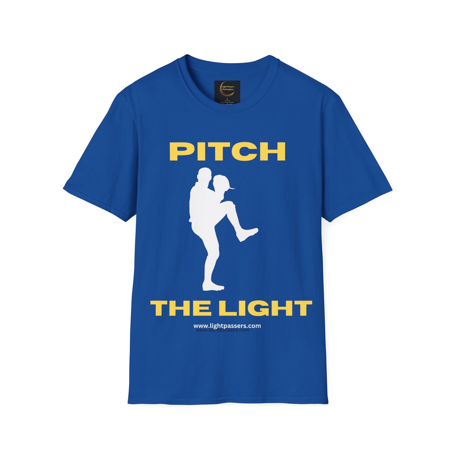 Unisex t-shirt with a blue shirt featuring a baseball player graphic and yellow lettering. Made of soft 100% cotton, Eurofit, tear-away label, and ribbed collar for durability.