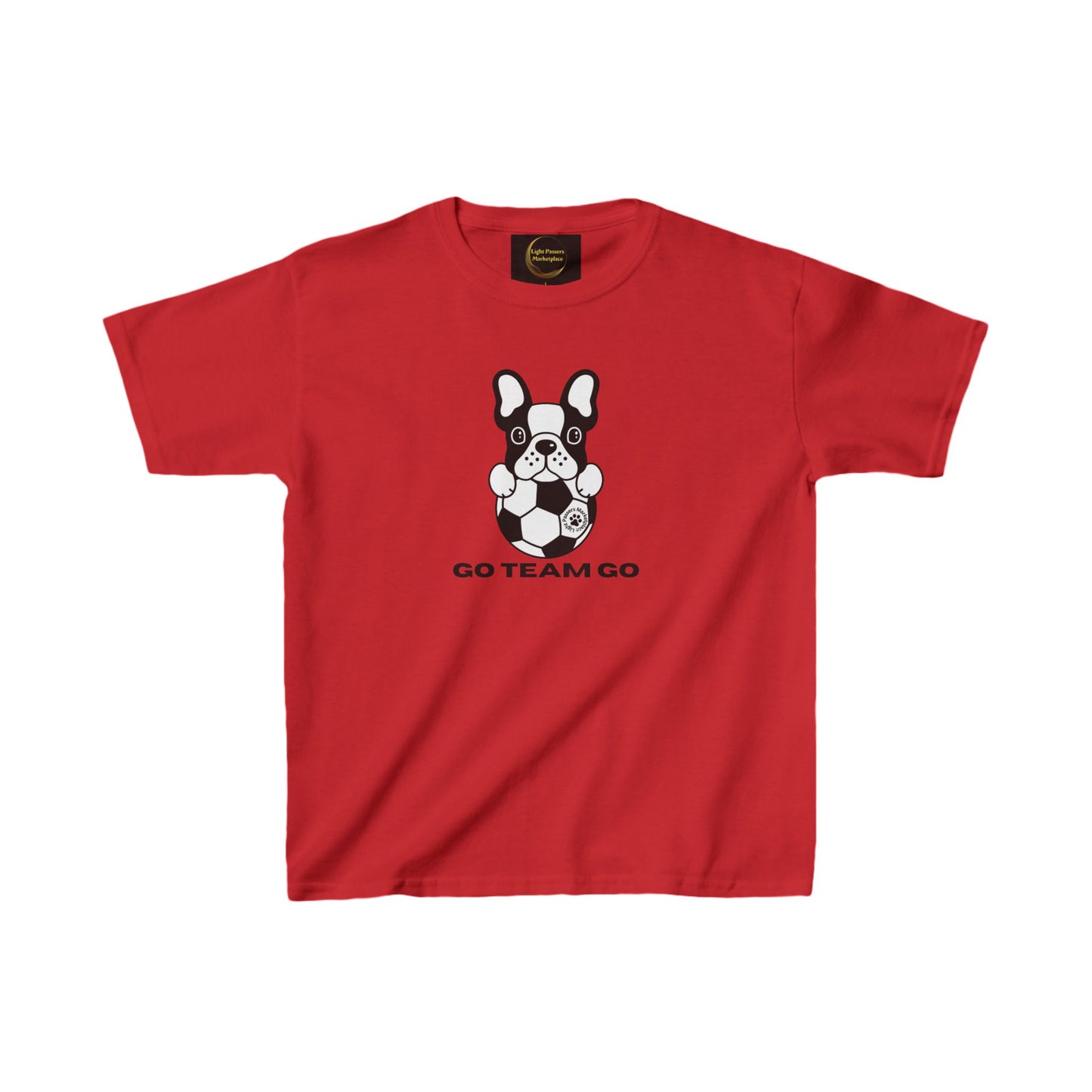 Teams Soccer Dog Go Team Go Youth T-shirt featuring a dog with a soccer ball ideal for young soccer fans with its classic fit and soft cotton fabric.