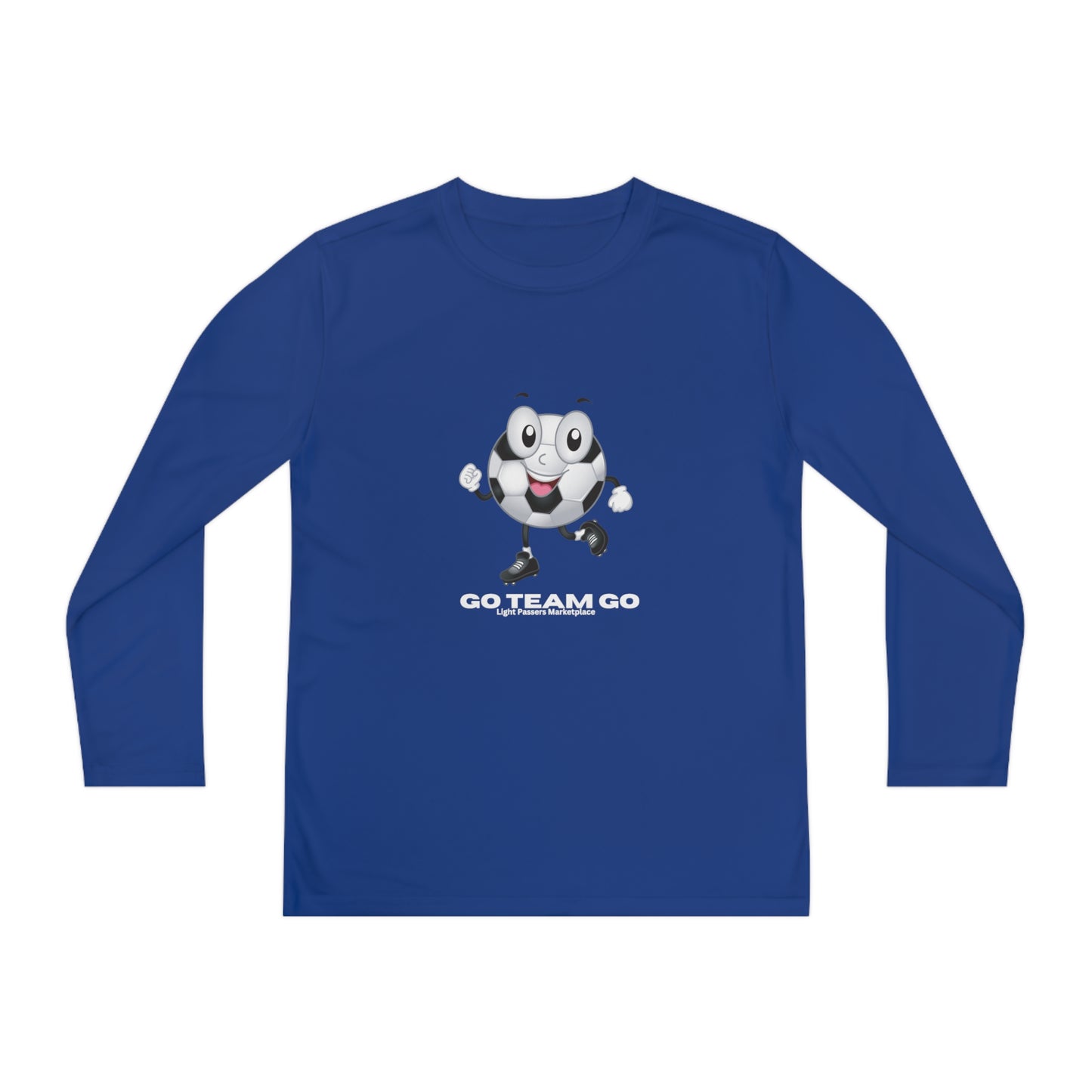 Teams Youth Long Sleeve Soccer Ball Guy shirt featuring a cartoon soccer ball character, perfect for young sports fans with a fun, energetic vibe.